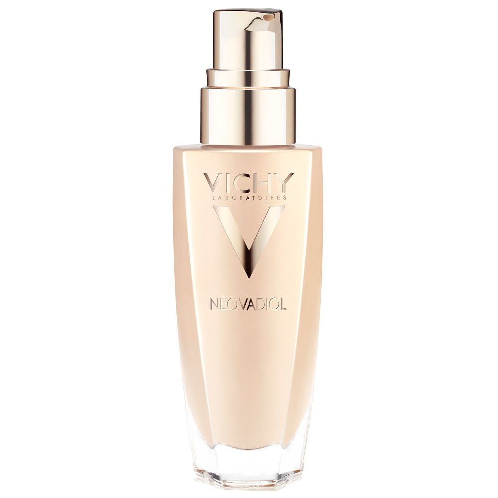 Vichy Neovadiol Serum. Beige Flasche mit Dosierpumpe. Vichy-Logo und Produktname auf der Vorderseite.