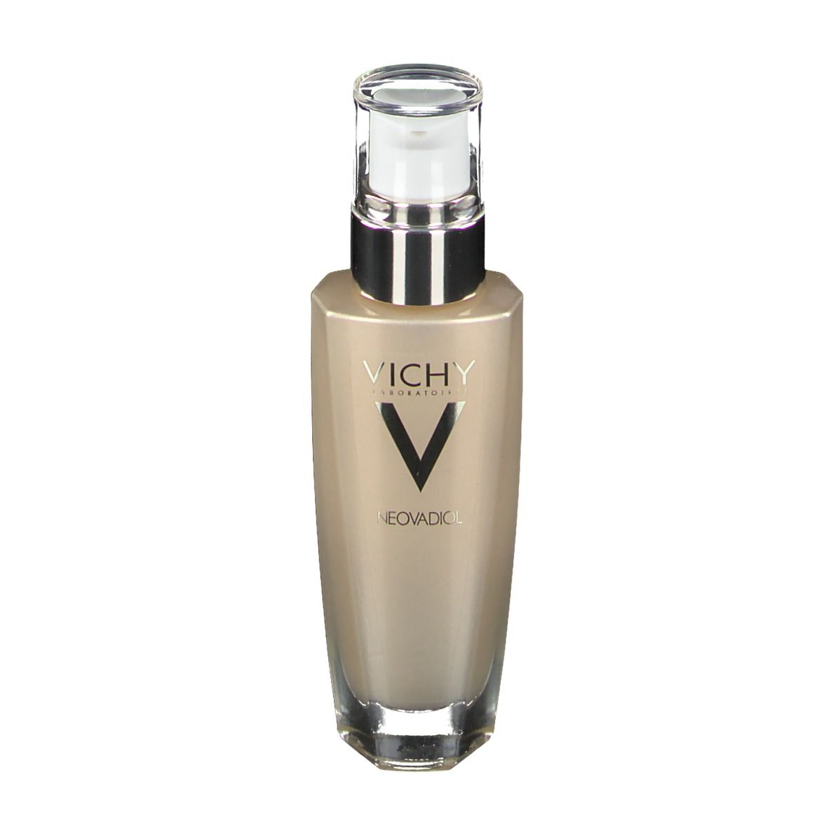 Vichy Neovadiol Serum. Beige Flasche mit Dosierpumpe. Vichy-Logo und Produktname sichtbar.