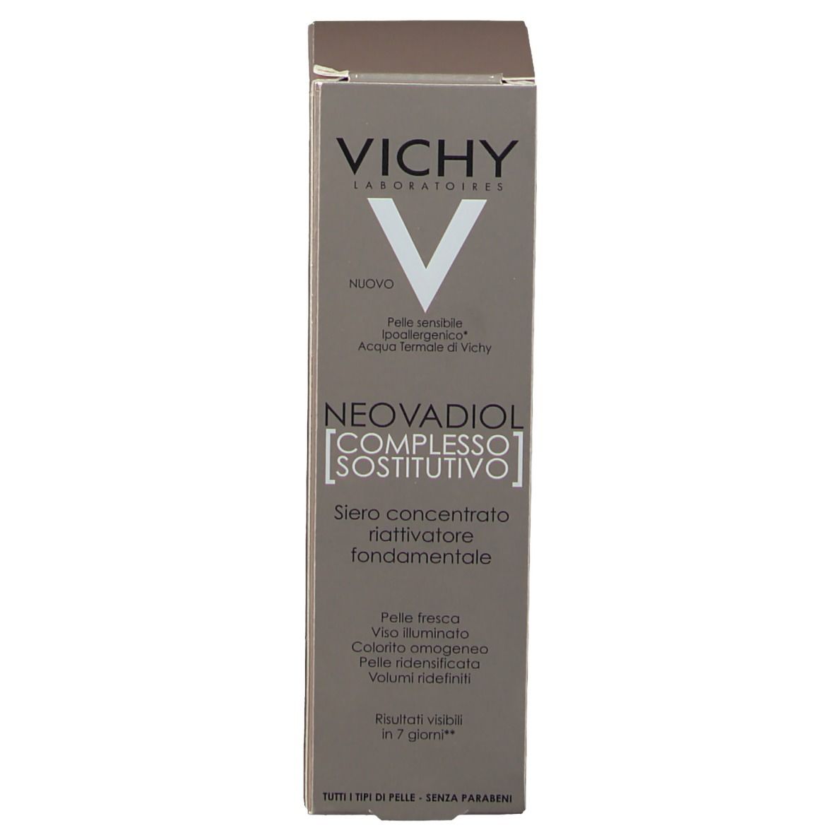 Graue Verpackung für Vichy Neovadiol Serum. Produktname, Logo und Informationen auf der Schachtel.