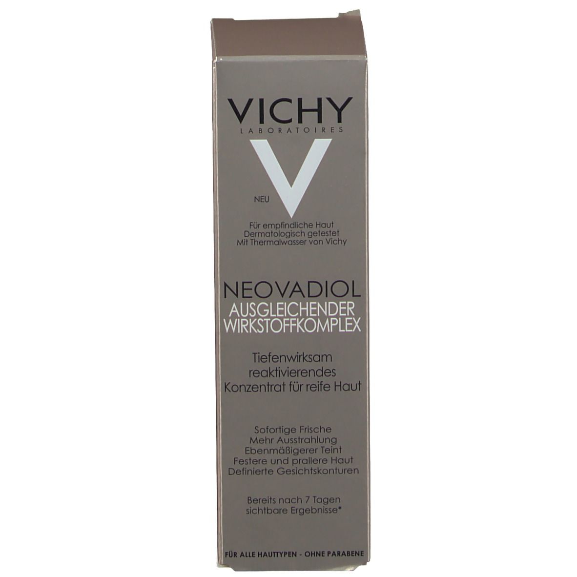 Graue Verpackung für Vichy Neovadiol Serum. Produktname, Logo und Informationen auf der Schachtel.