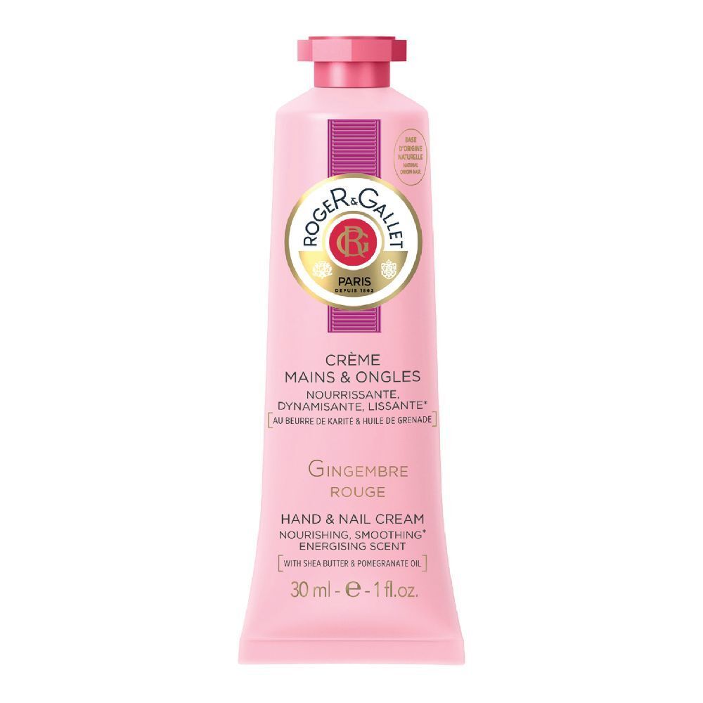 Rosa Tube mit roter Kappe. Text: Roger&Gallet, Crème Mains & Ongles, Gingembre Rouge, Hand & Nail Cream. 30 ml.