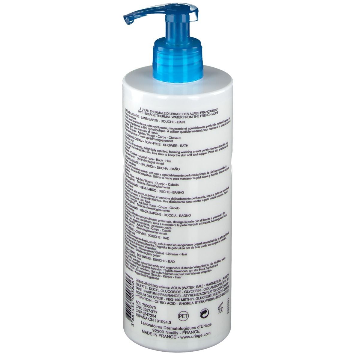 Rückseite der weißen Flasche mit blauem Pumpkopf. Text in mehreren Sprachen. Produktname: Crème Lavante.