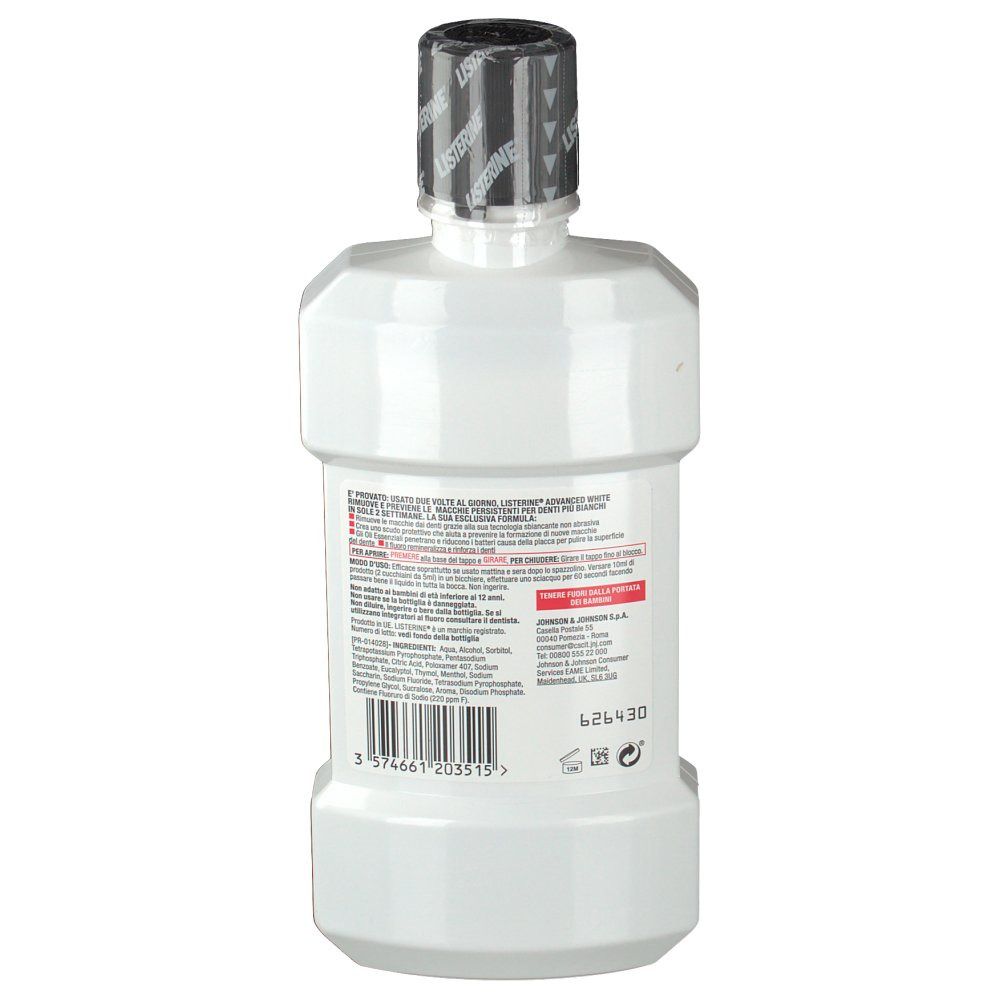 Rückseite der weißen Flasche. Text auf Etikett. Barcode und Logos. Schwarzer Deckel.