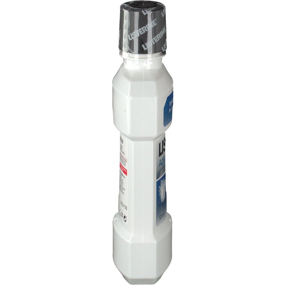 Weiße Flasche, Seitenansicht. Schwarzer Deckel. Etikett mit Text und Logos.