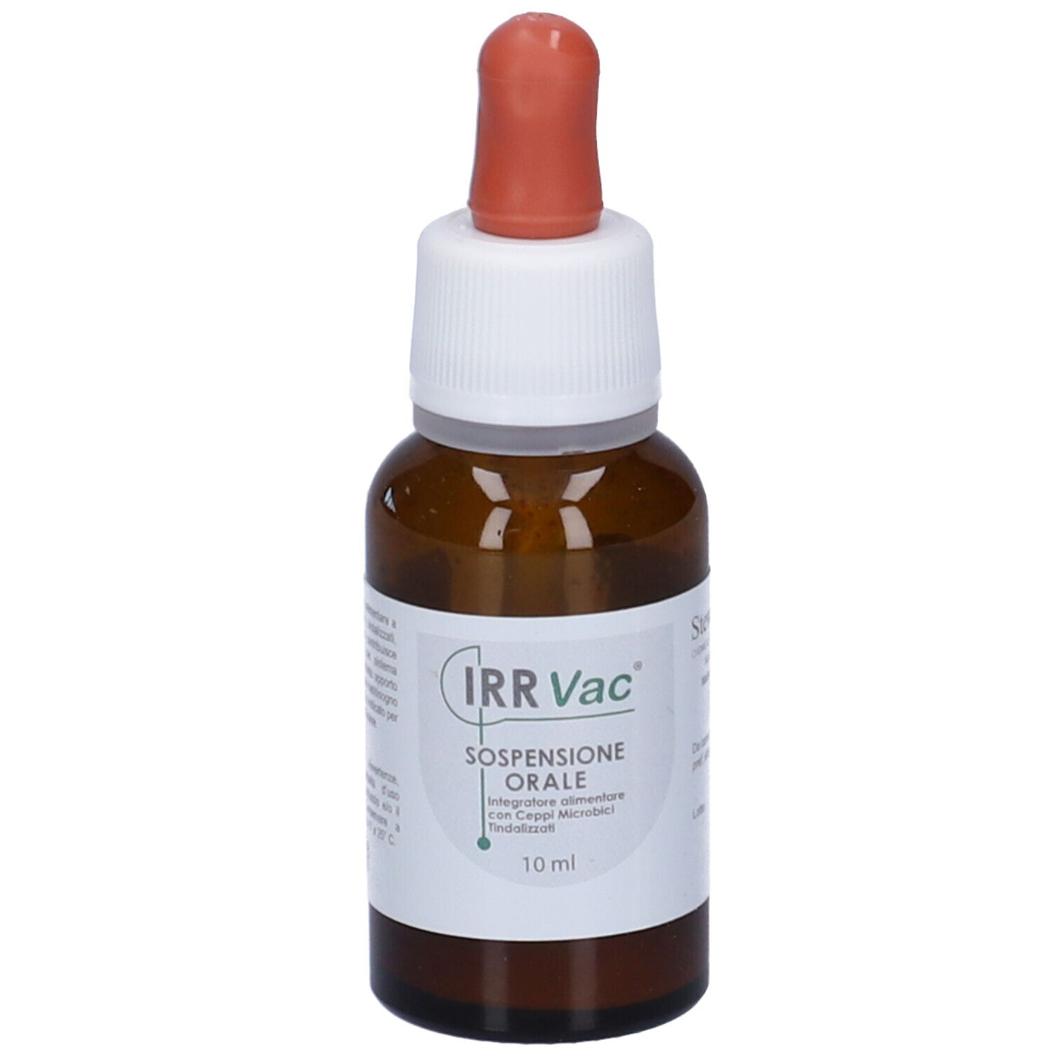 Flacon en verre brun avec bouchon blanc et pipette rouge. Étiquette: IRR Vac, Sospensione Orale, 10 ml.