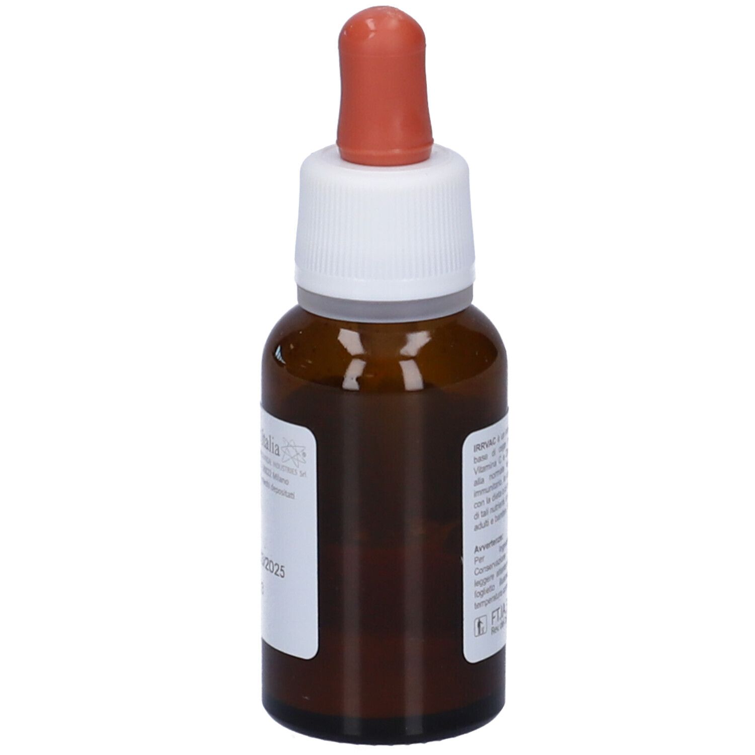 Flacon en verre brun avec bouchon blanc et pipette rouge. Vue latérale avec étiquette.