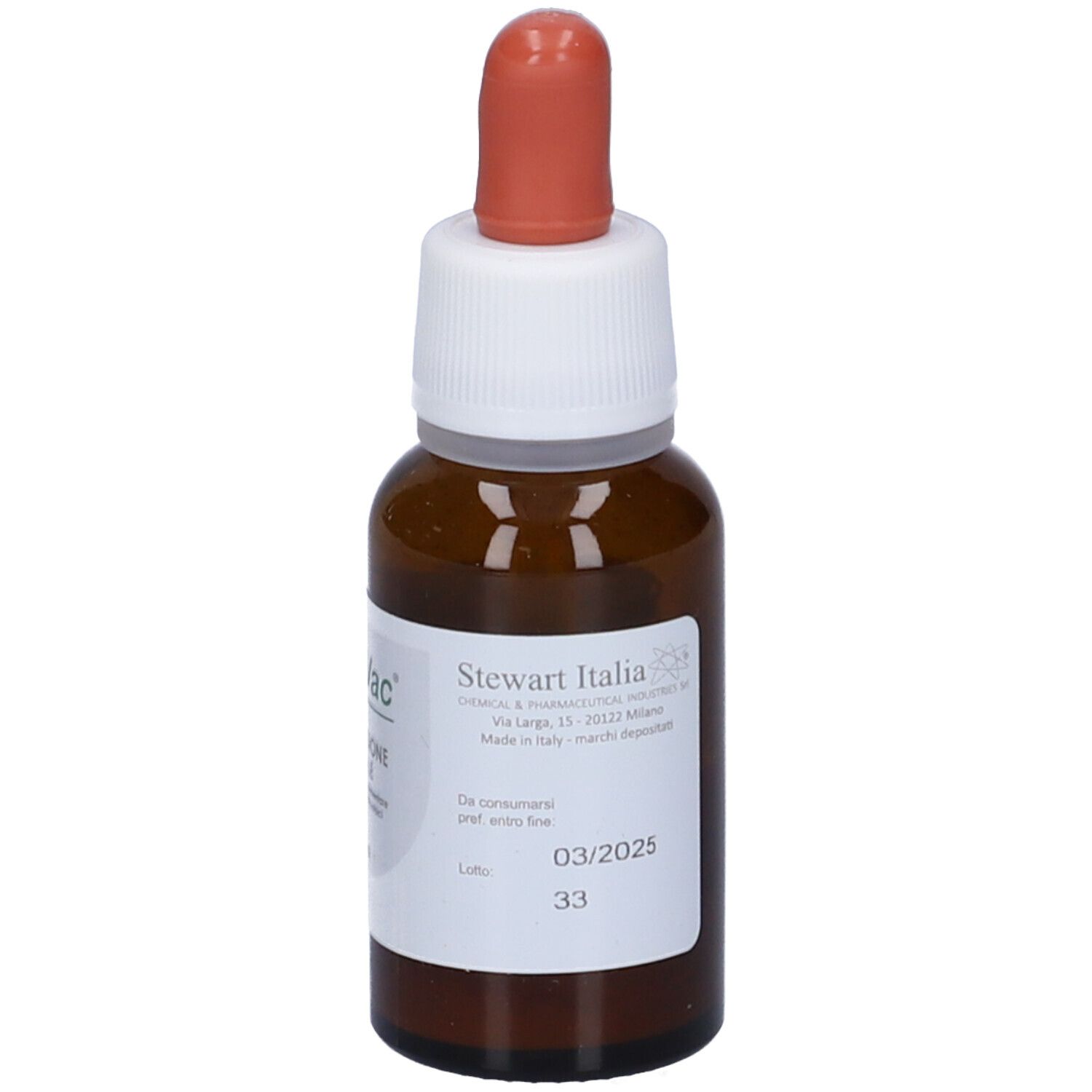 Flacon en verre brun avec bouchon blanc et pipette rouge. Étiquette avec informations fabricant et date de péremption.