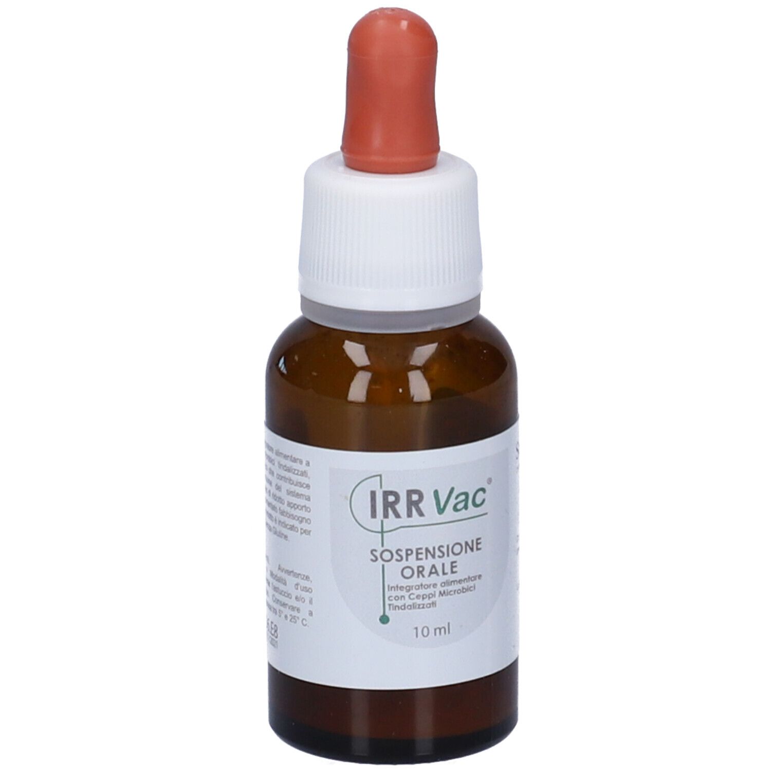 Flacon en verre brun avec bouchon blanc et pipette rouge. Étiquette: IRR Vac, Sospensione Orale, 10 ml.