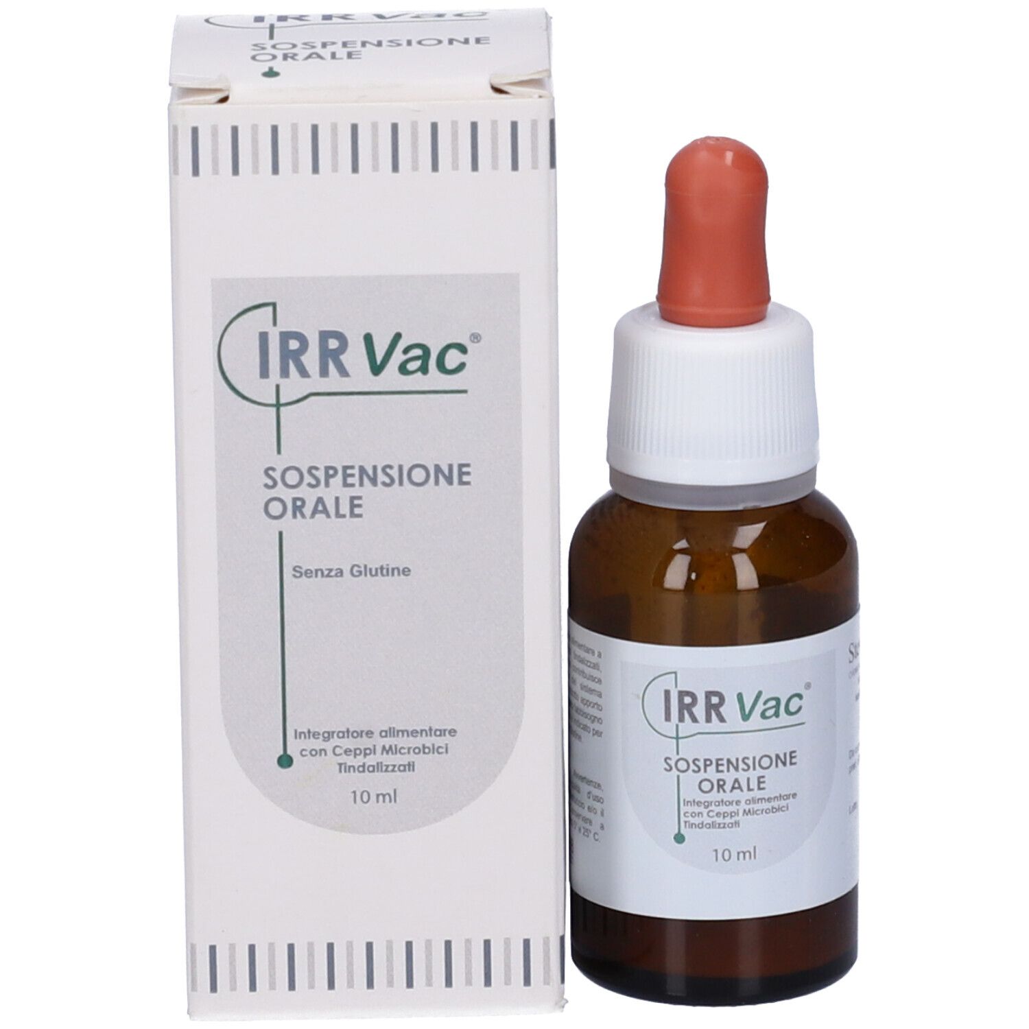 Flacon et emballage. Flacon: brun, bouchon blanc, pipette rouge. Emballage: blanc, étiquettes.