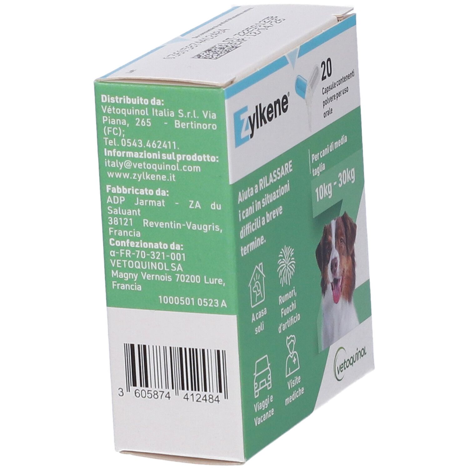 Schachtel mit Zylkène-Kapseln. Seitenansicht mit Text und Barcode. Text in italienischer Sprache.