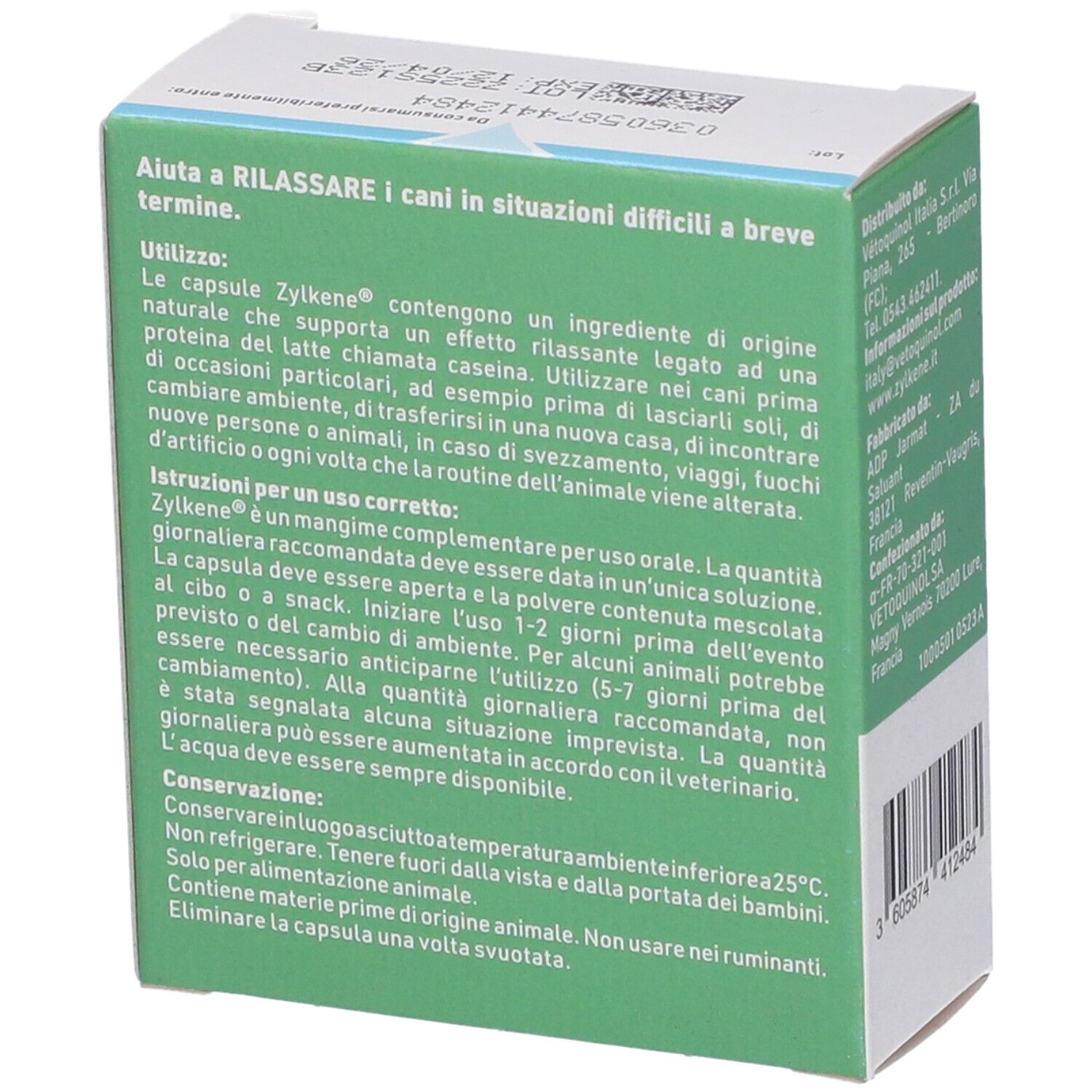 Rückseite der Zylkène-Kapsel-Schachtel. Text in italienischer Sprache. Informationen zur Anwendung und Inhaltsstoffen.