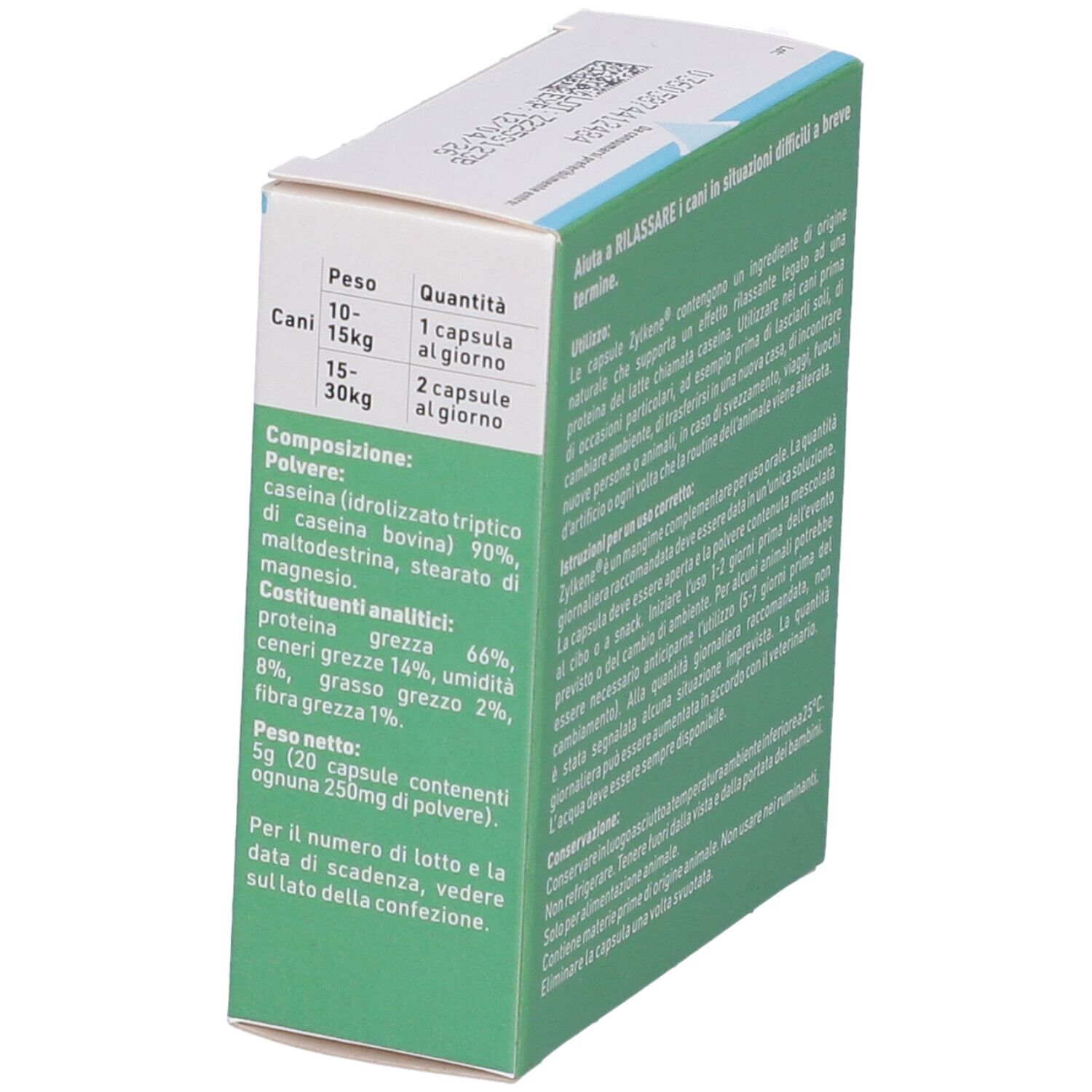 Seitenansicht der Zylkène-Kapsel-Schachtel. Text in italienischer Sprache. Informationen zu Inhaltsstoffen und Dosierung.