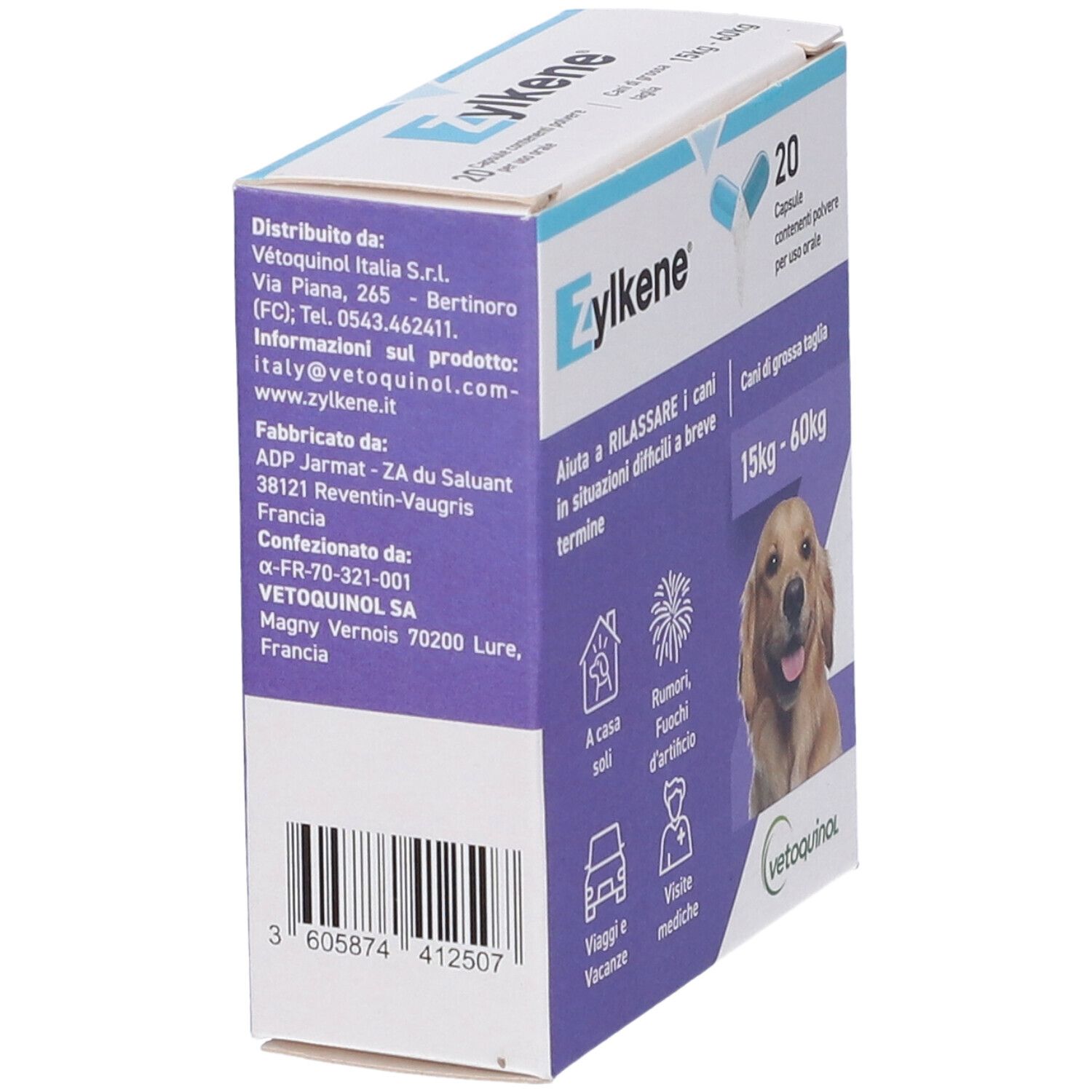 Vue latérale de la boîte Zylkene. Contient des informations sur le fabricant, la distribution et le code-barres.