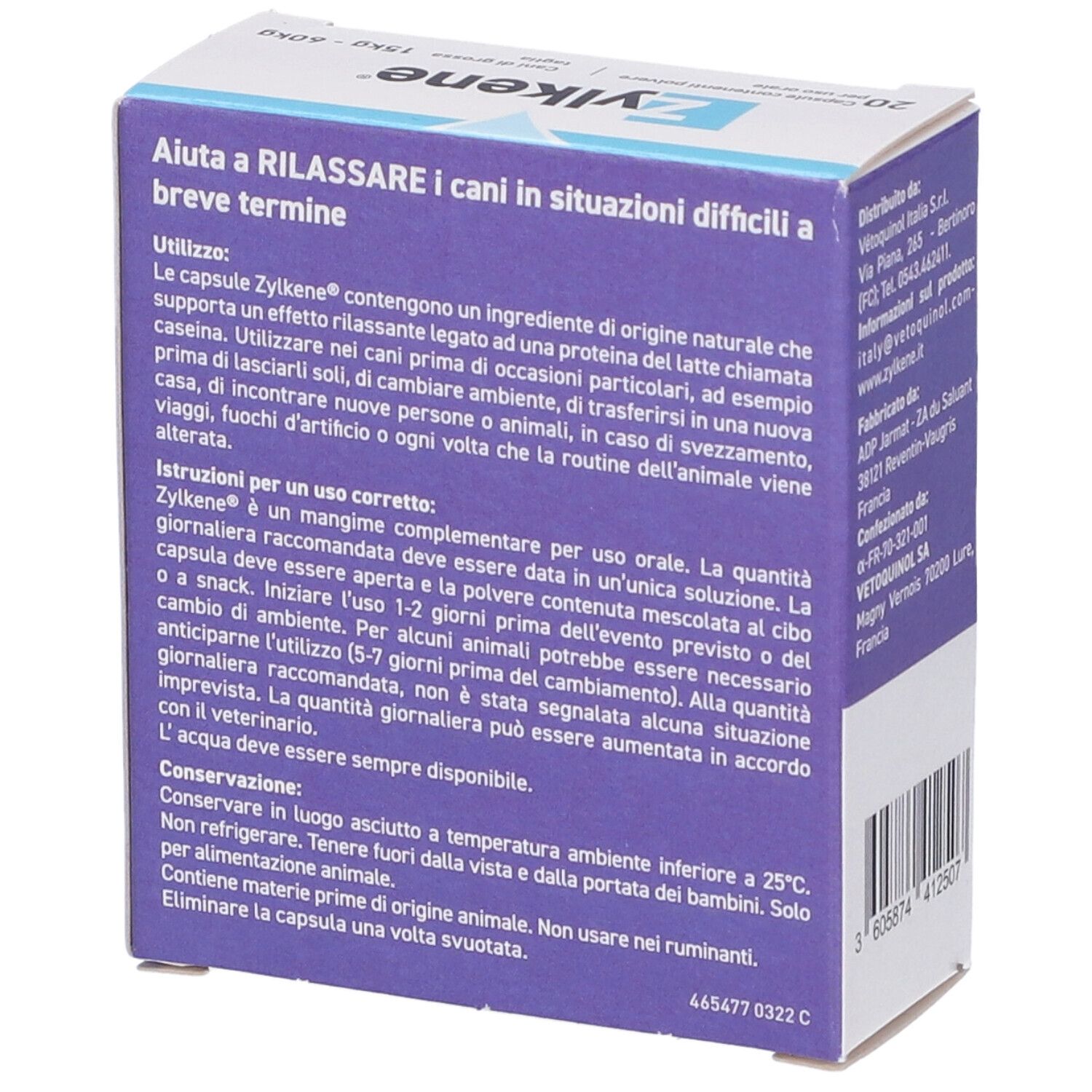 Dos de la boîte Zylkene. Contient des instructions d'utilisation et des informations de stockage.
