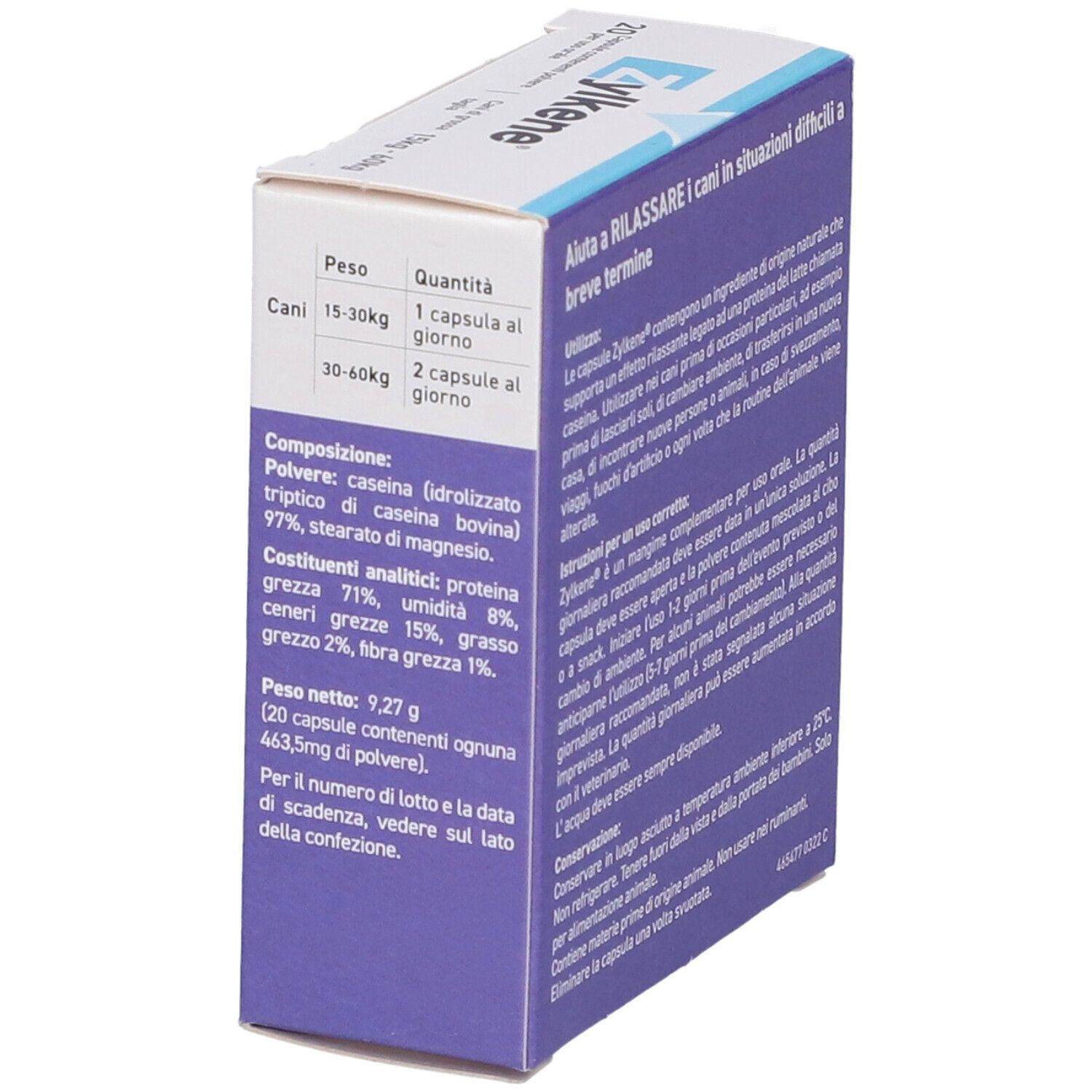 Boîte Zylkene, vue détaillée. Contient des informations sur la composition et le dosage.