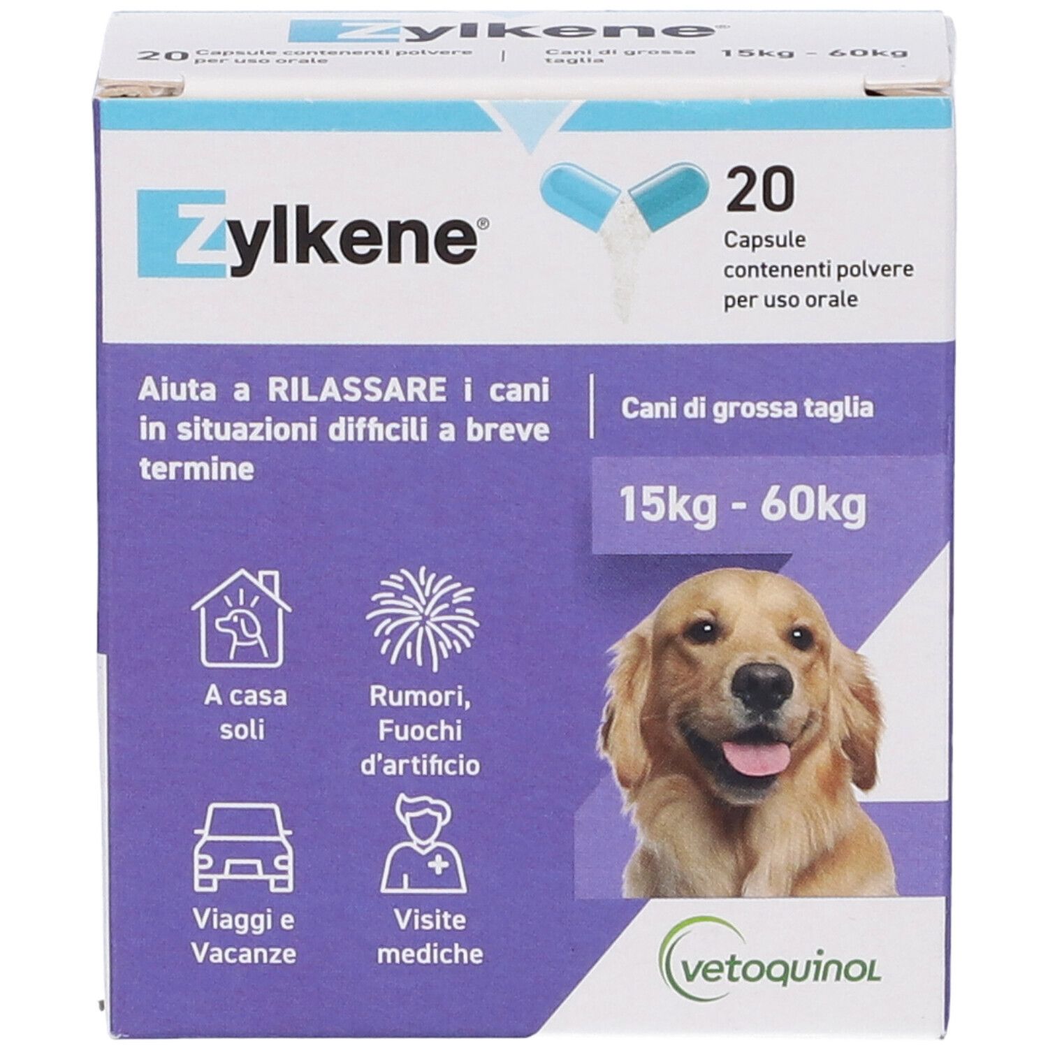 Boîte Zylkene avec 20 gélules. Inscription: Pour chiens 15-60 kg. Photo de chien et logo.