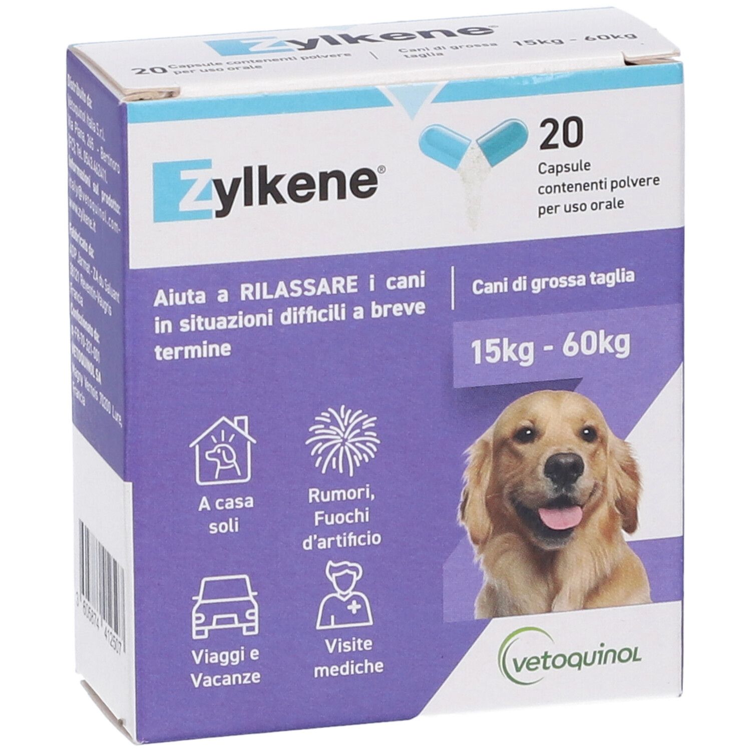 Boîte Zylkene avec 20 gélules. Inscription: Pour chiens 15-60 kg. Photo de chien et logo.