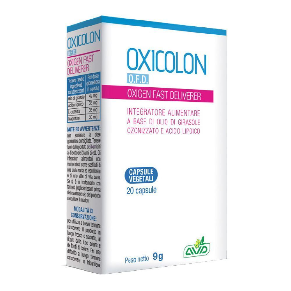 Boîte "OXICOLON O.F.D.". Contient 20 gélules. Texte : "OXYGEN FAST DELIVERER". Marque : AVD.