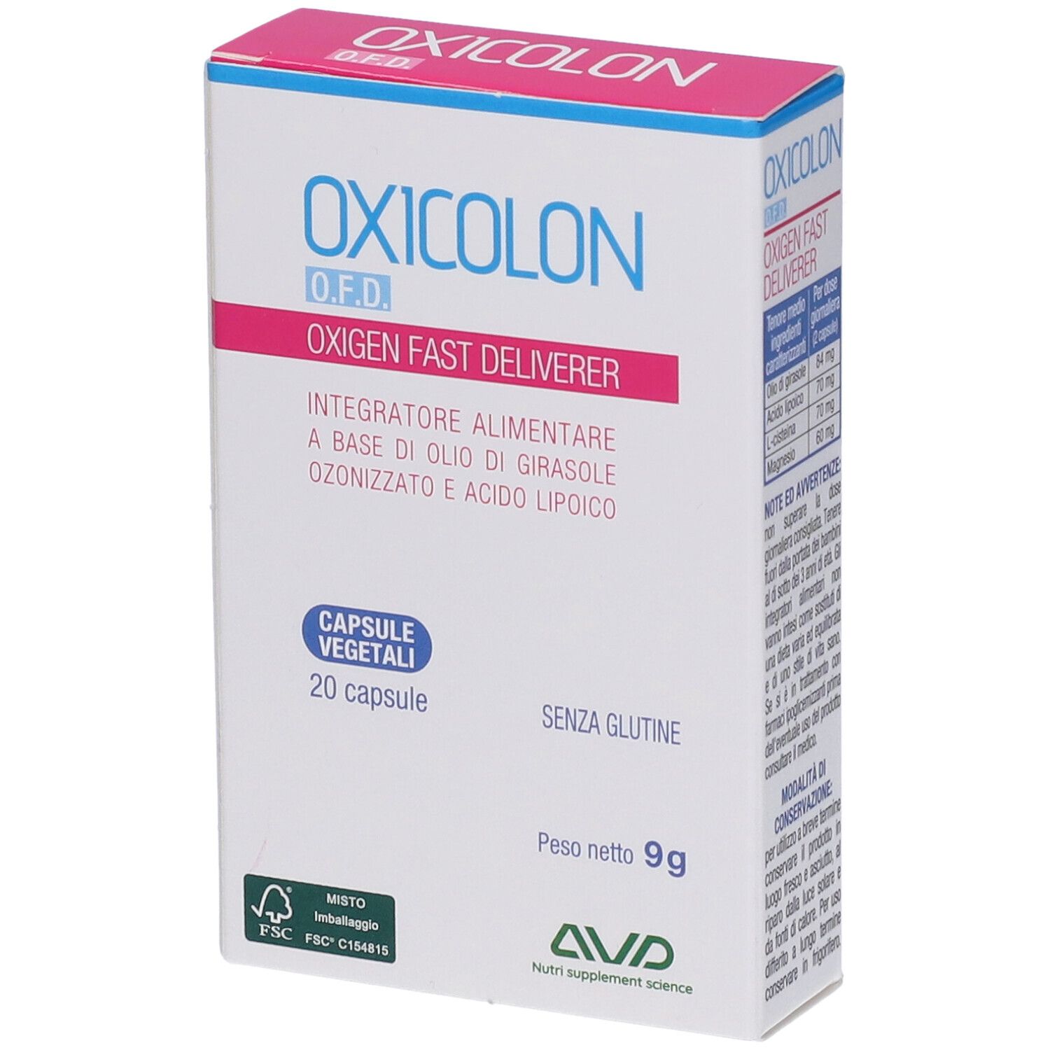 Boîte "OXICOLON O.F.D.". 20 gélules. Texte : "OXYGEN FAST DELIVERER". "Senza glutine". Marque : AVD. Logo FSC.