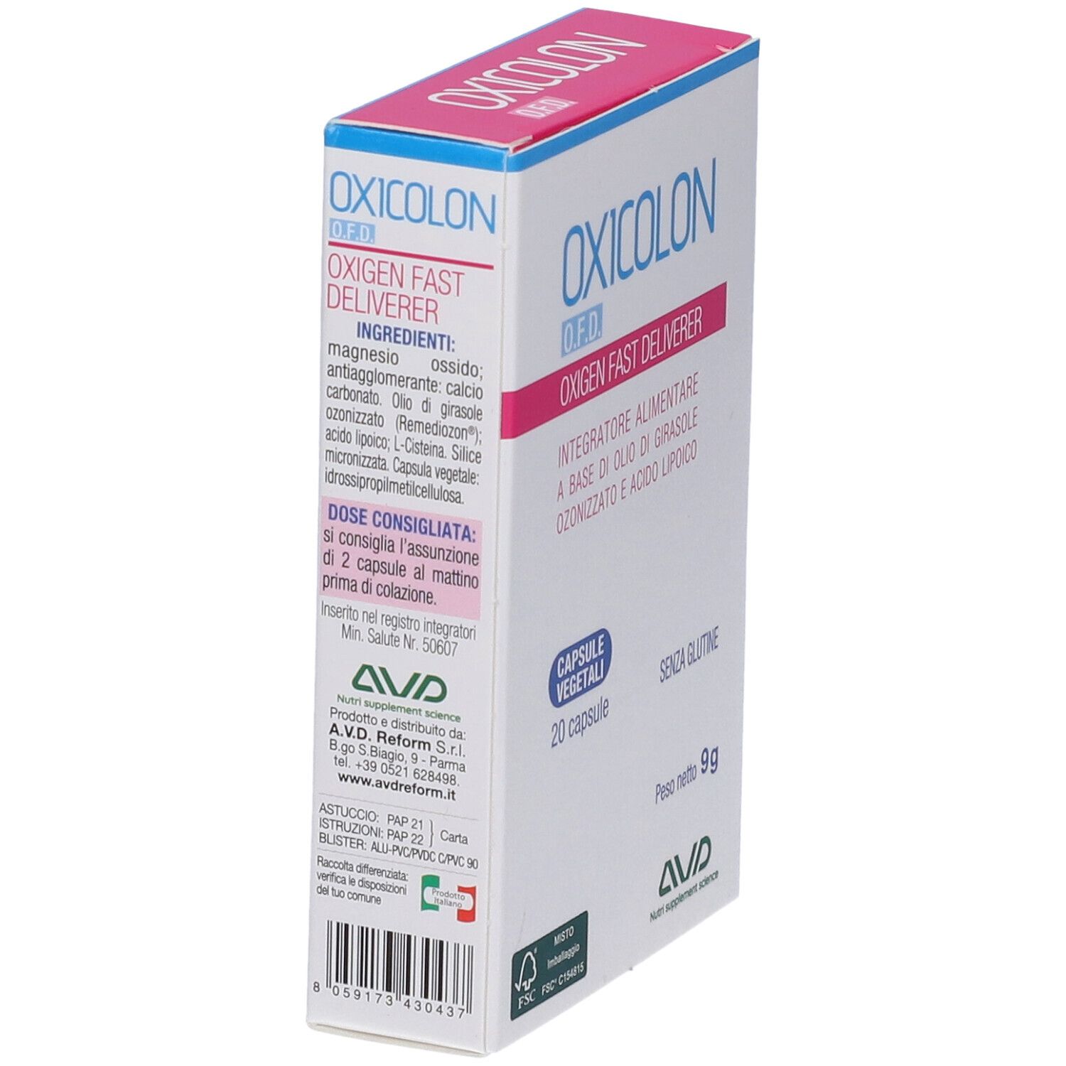 Boîte "OXICOLON O.F.D.". 20 gélules. Texte : "OXYGEN FAST DELIVERER". "Senza glutine". Marque : AVD. Logo FSC.