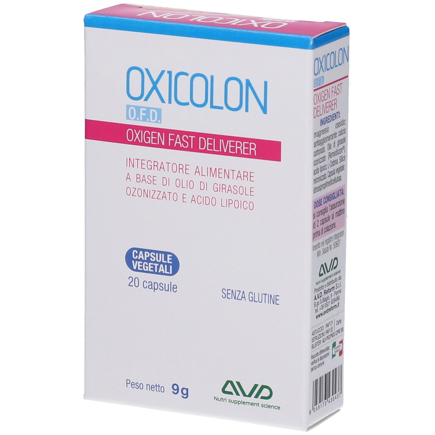 Boîte "OXICOLON O.F.D.". 20 gélules. Texte : "OXYGEN FAST DELIVERER". "Senza glutine". Marque : AVD. Logo FSC.