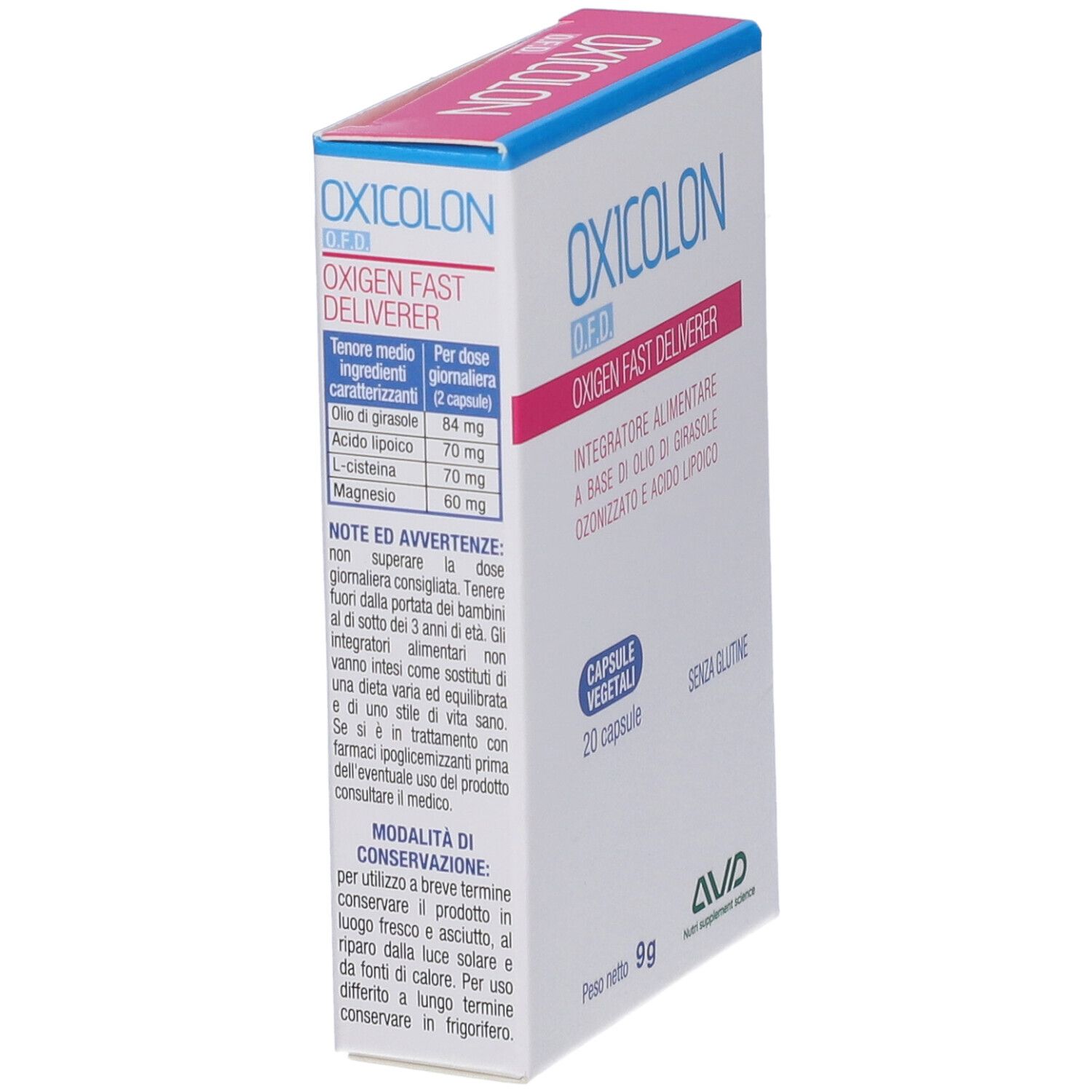Boîte "OXICOLON O.F.D.". 20 gélules. Texte : "OXYGEN FAST DELIVERER". "Senza glutine". Marque : AVD. Logo FSC.