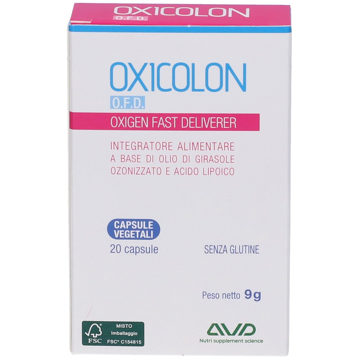 Boîte "OXICOLON O.F.D.". 20 gélules. Texte : "OXYGEN FAST DELIVERER". "Senza glutine". Marque : AVD. Logo FSC.