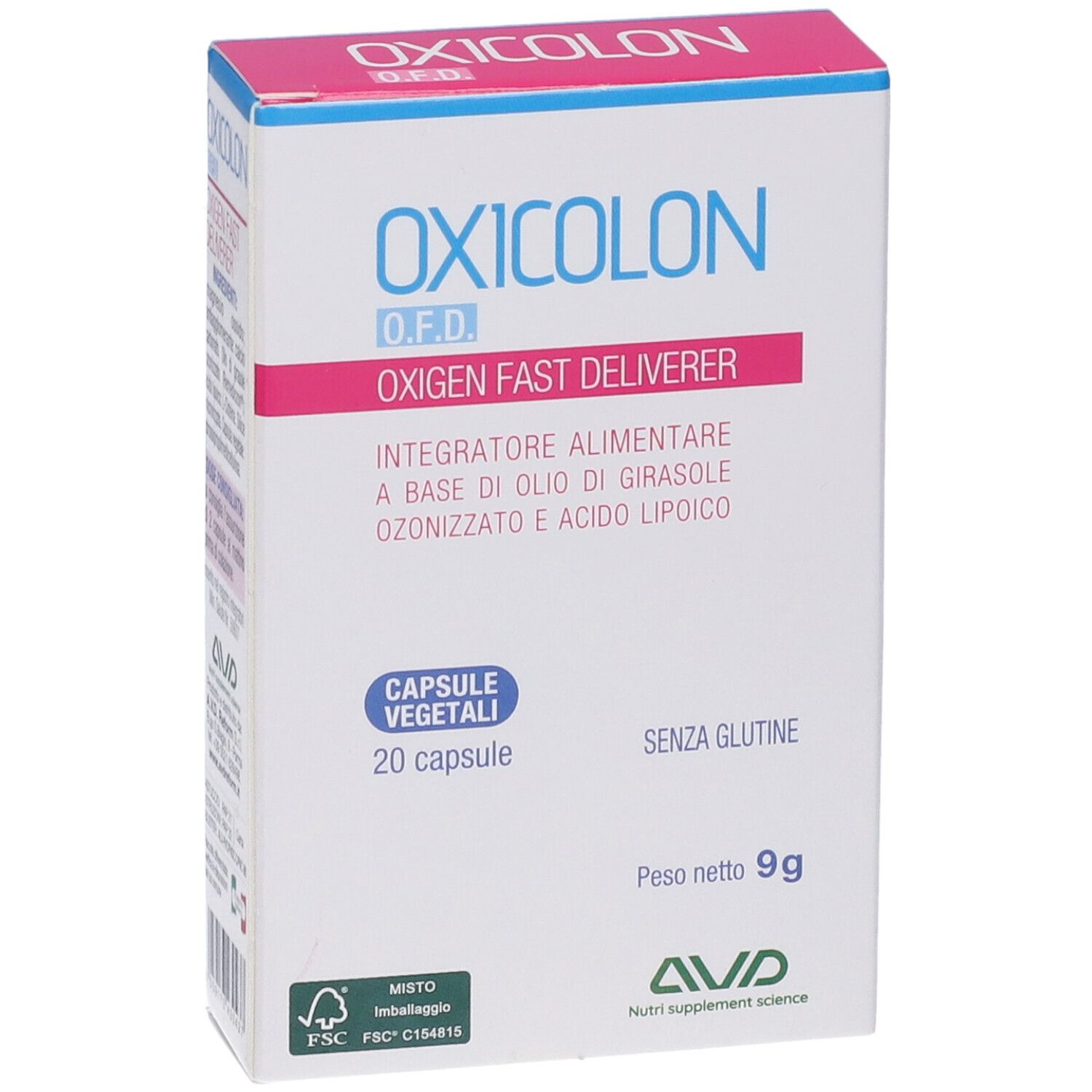 Boîte "OXICOLON O.F.D.". 20 gélules. Texte : "OXYGEN FAST DELIVERER". "Senza glutine". Marque : AVD. Logo FSC.