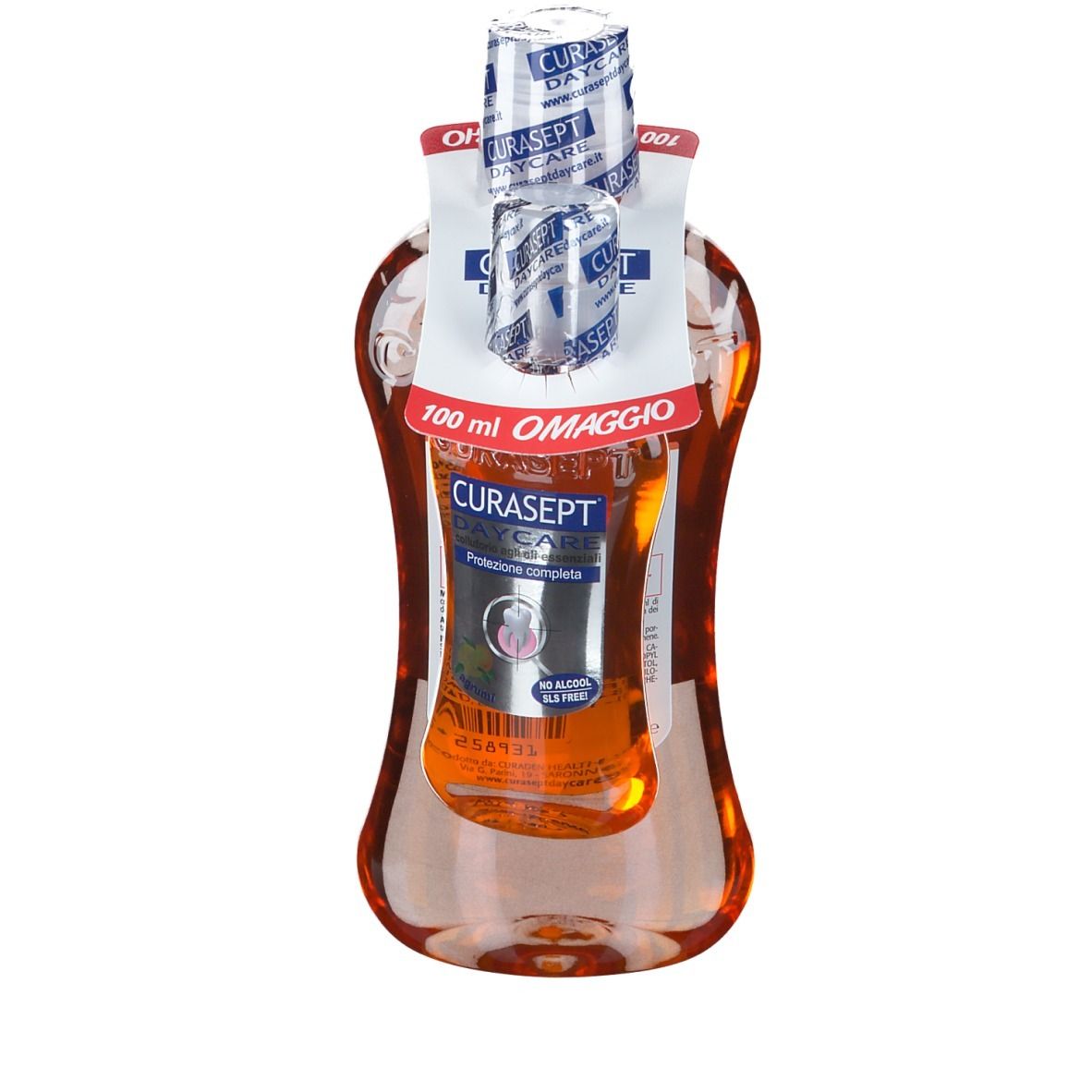 Zahnspülung CURASEPT DAYCARE, orange Flüssigkeit, weißer Verschluss, Produktname und Logos sichtbar, 100 ml.