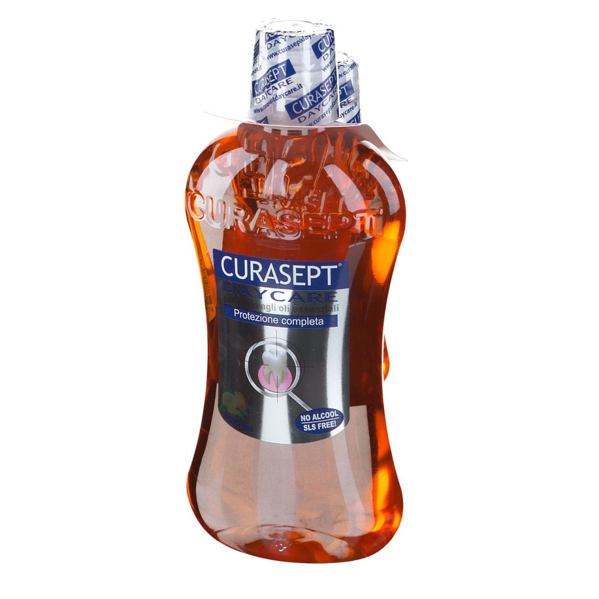 Zahnspülung CURASEPT DAYCARE, orange Flüssigkeit in Flasche, weißer Verschluss, Produktname und Logos sichtbar.