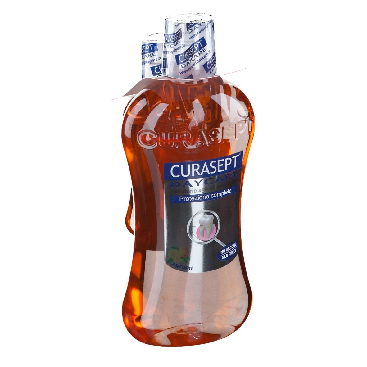 Zahnspülung CURASEPT DAYCARE, orange Flüssigkeit in Flasche, weißer Verschluss, Produktname und Logos sichtbar.