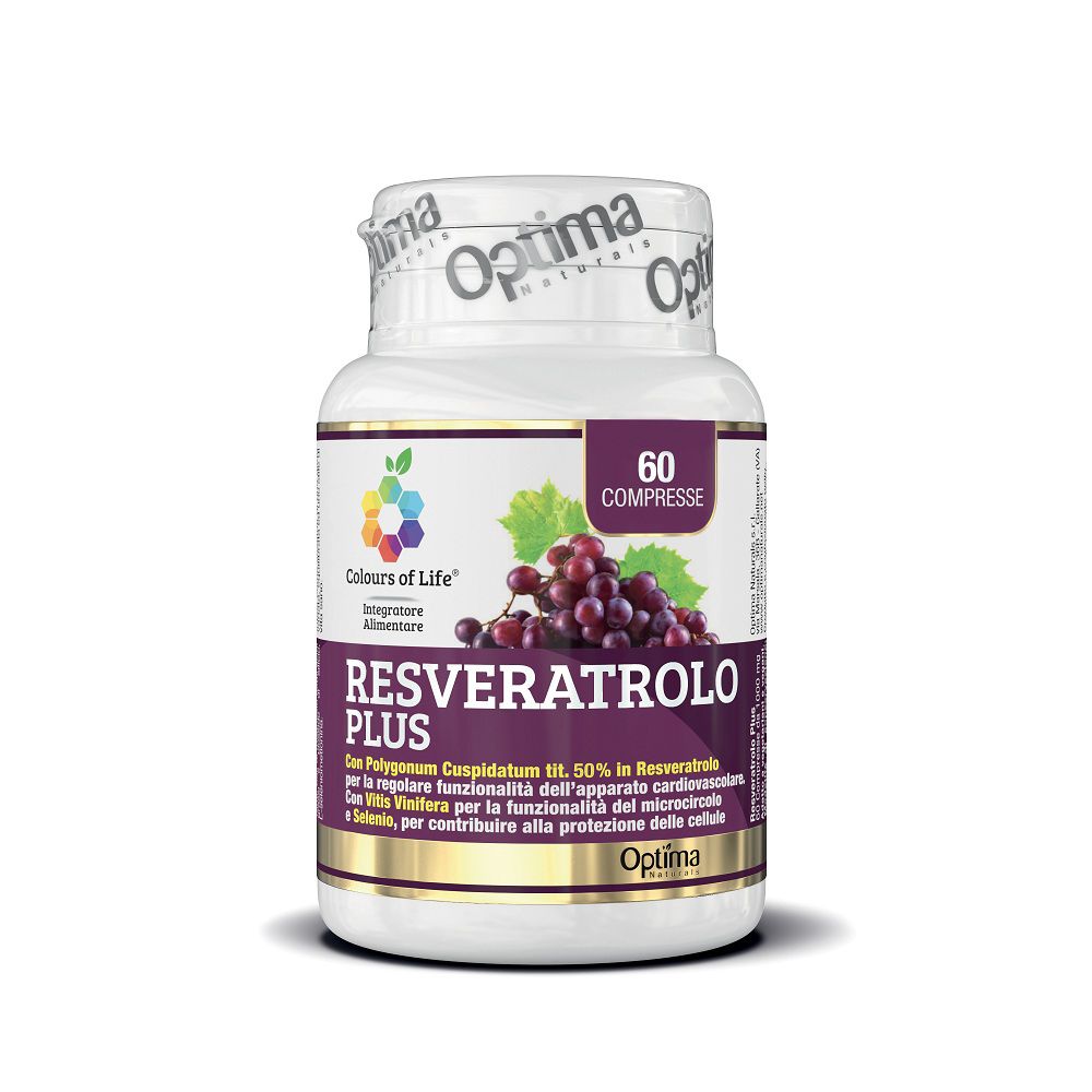 Flasche mit 60 Kapseln Resveratrol PLUS, mit Traubenmotiv und Farbspektrum-Logo.