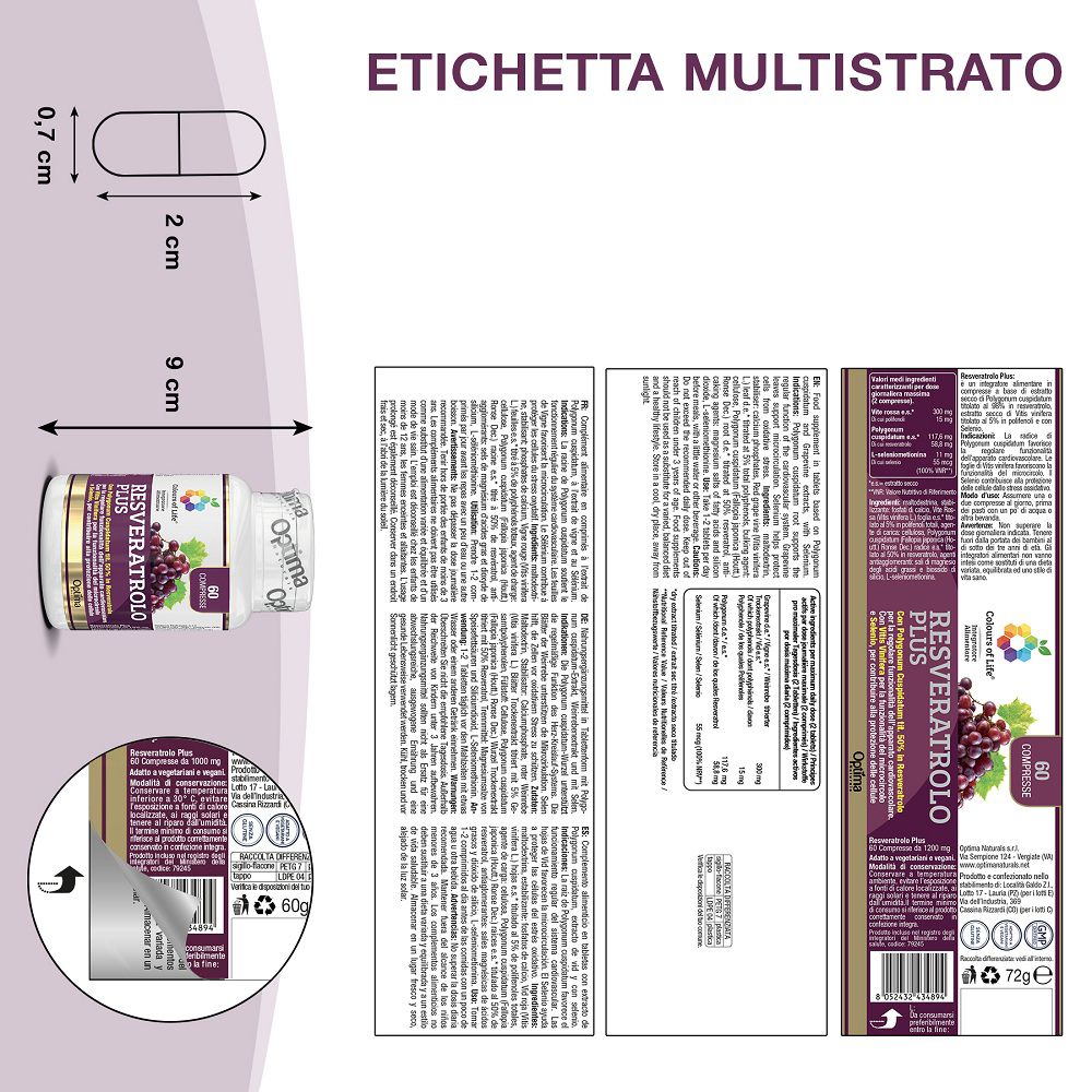 Verpackungsdetails von Resveratrol PLUS: Flasche, Kapselmaße und mehrsprachige Etiketten.