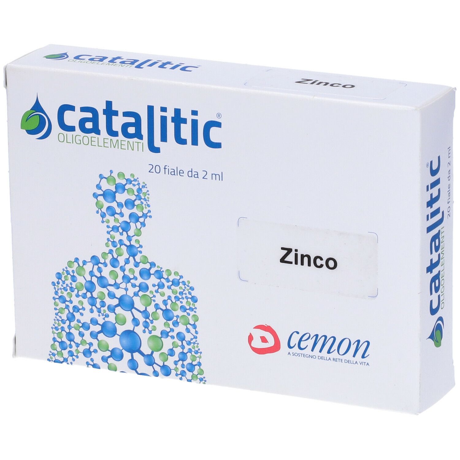 Weiße Schachtel mit Aufschrift Catalitic Oligoelemente, 20 fiale da 2 ml, Zink, Cemon Logo. Produktverpackung.