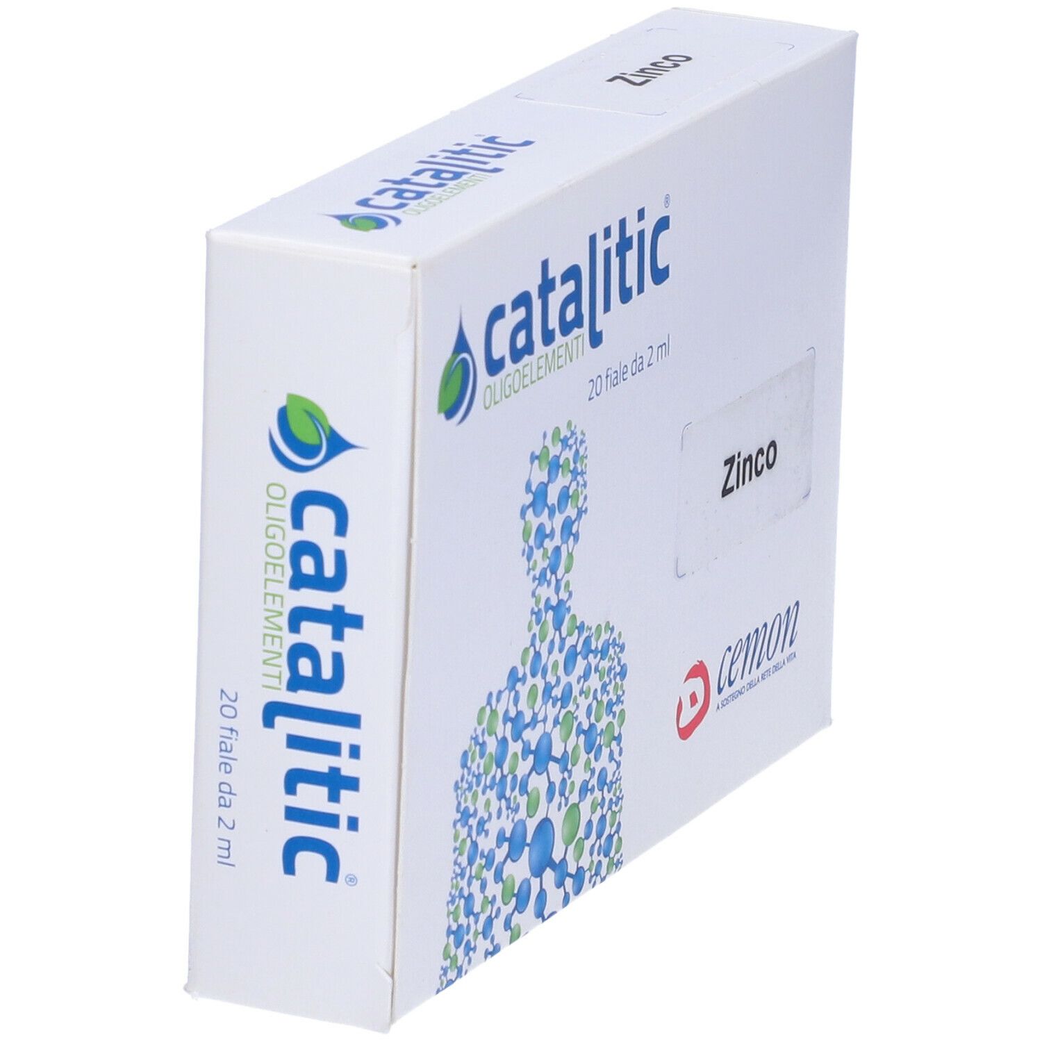 Weiße Schachtel mit Aufschrift Catalitic Oligoelemente, 20 fiale da 2 ml, Zink, Cemon Logo. Perspektivische Ansicht.