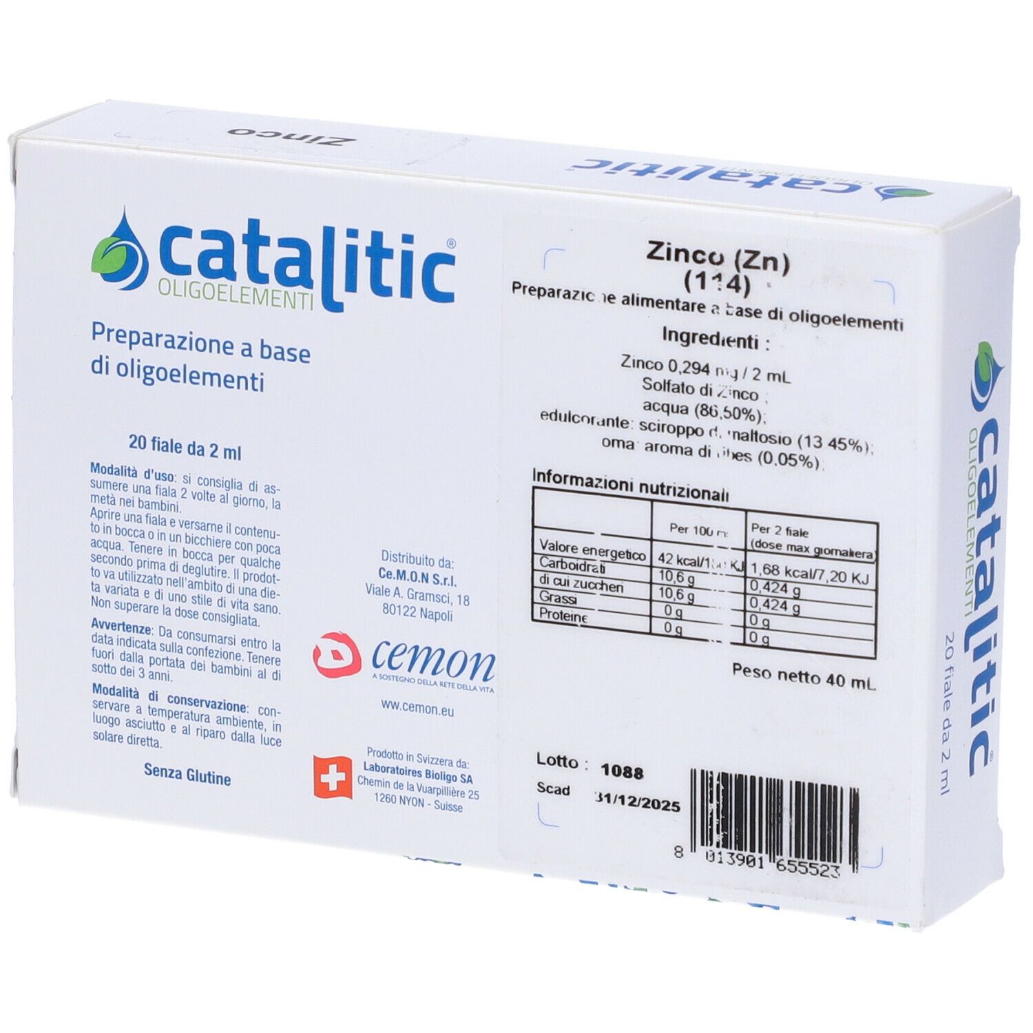 Weiße Schachtel mit Aufschrift Catalitic Oligoelemente, 20 fiale da 2 ml, Zink, Cemon Logo. Detailansicht mit Inhaltsangaben.