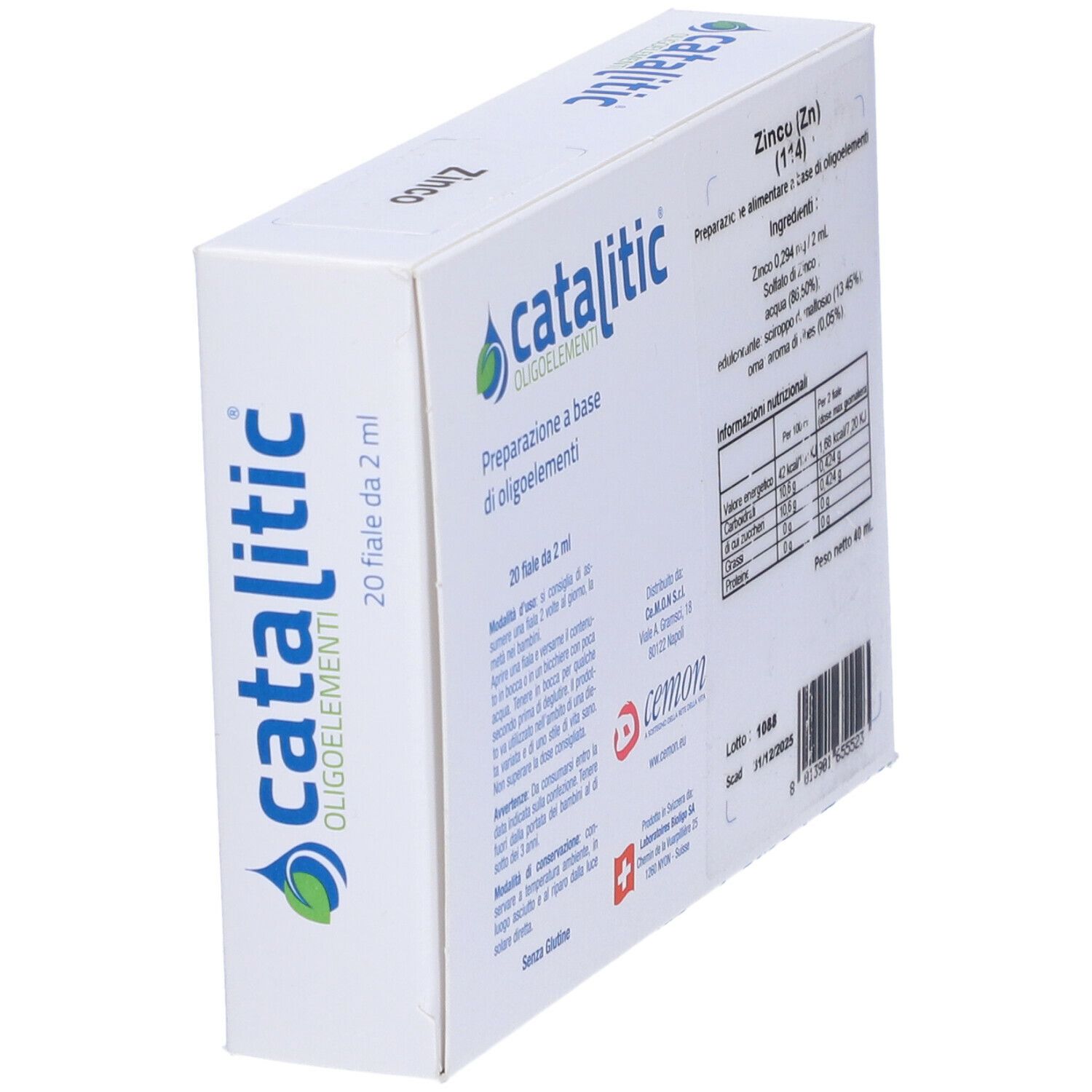 Weiße Schachtel mit Aufschrift Catalitic Oligoelemente, 20 fiale da 2 ml, Zink, Cemon Logo. Perspektivische Ansicht.
