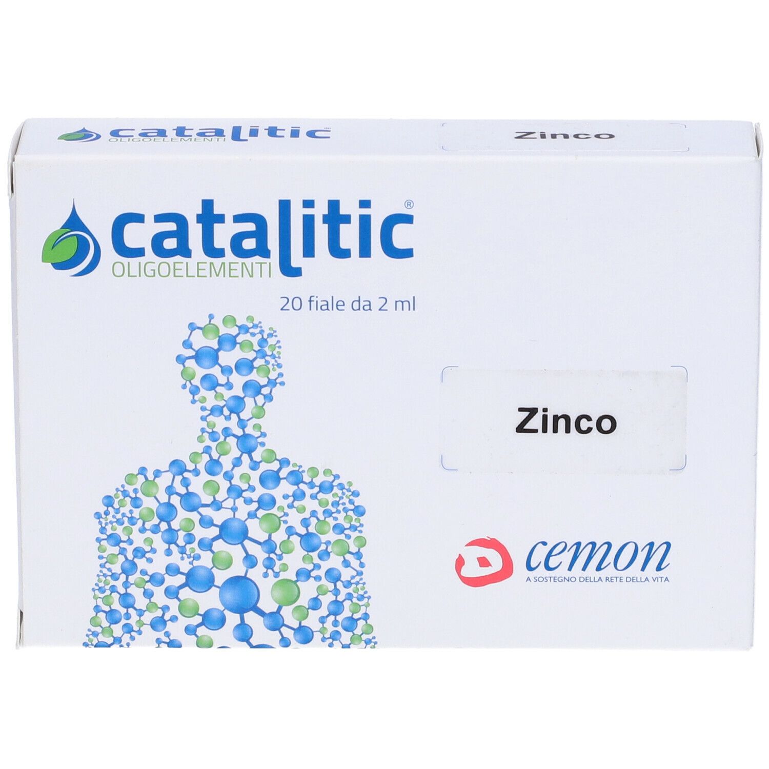 Weiße Schachtel mit Aufschrift Catalitic Oligoelemente, 20 fiale da 2 ml, Zink, Cemon Logo. Produktverpackung.