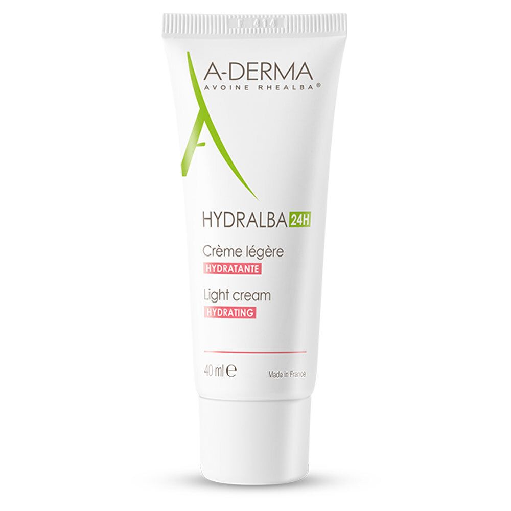 Tube blanc A-Derma Hydralba 24H. Crème légère, light cream. Inscription 40 ml.