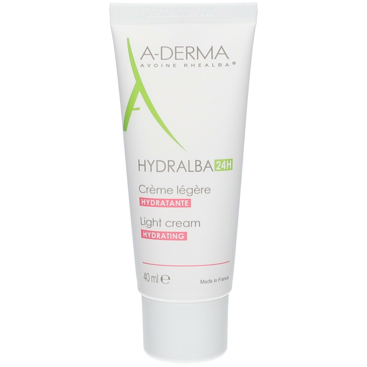 Tube blanc A-Derma Hydralba 24H. Crème légère, light cream. Inscription 40 ml.