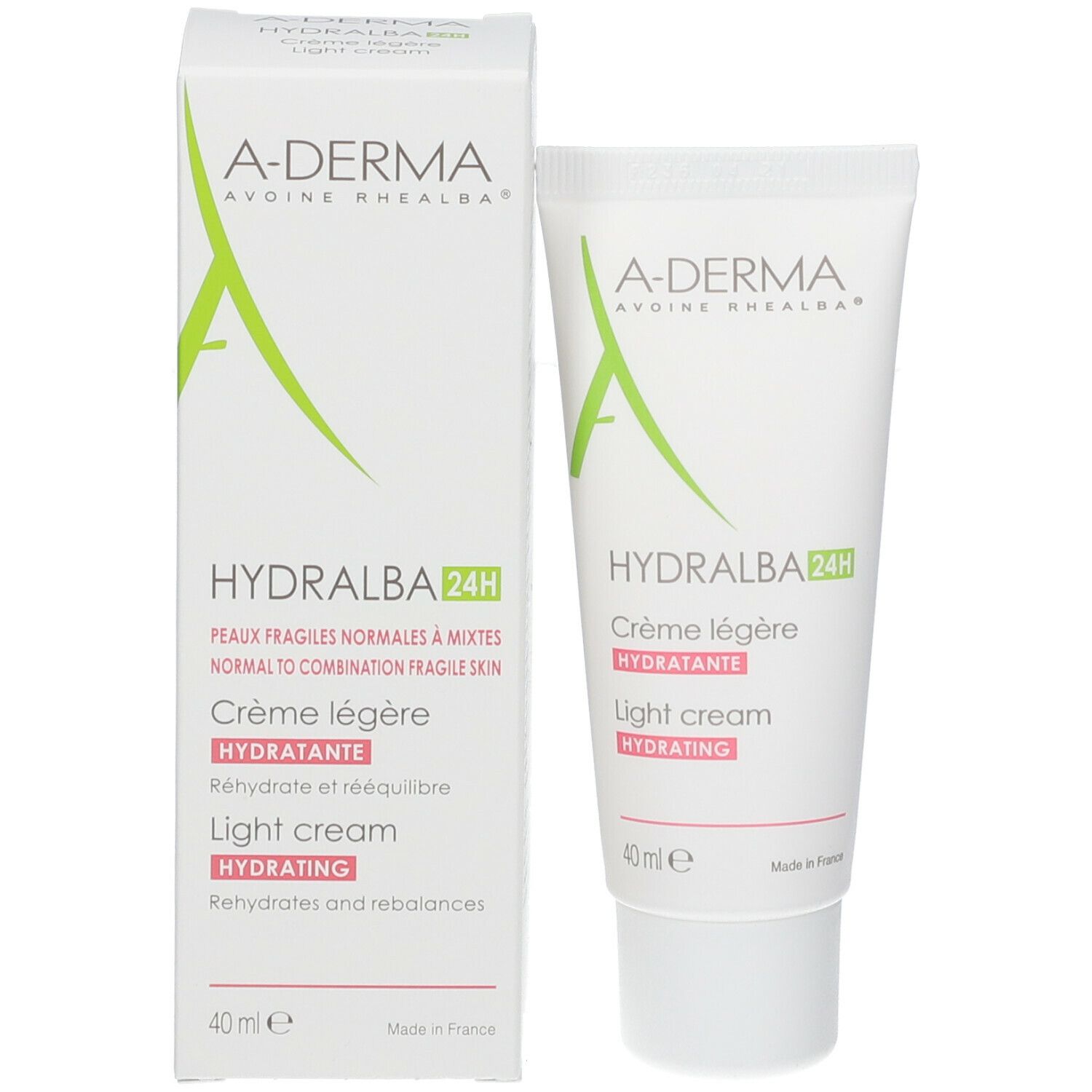 Produit et emballage. A-Derma Hydralba 24H. Crème légère, light cream. 40 ml.