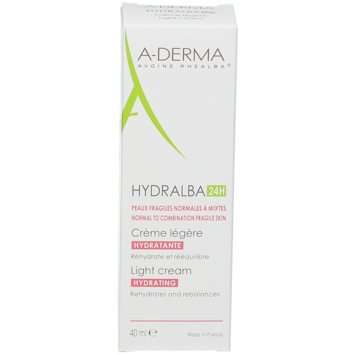 Emballage blanc A-Derma Hydralba 24H. Crème légère, light cream. Inscription 40 ml.