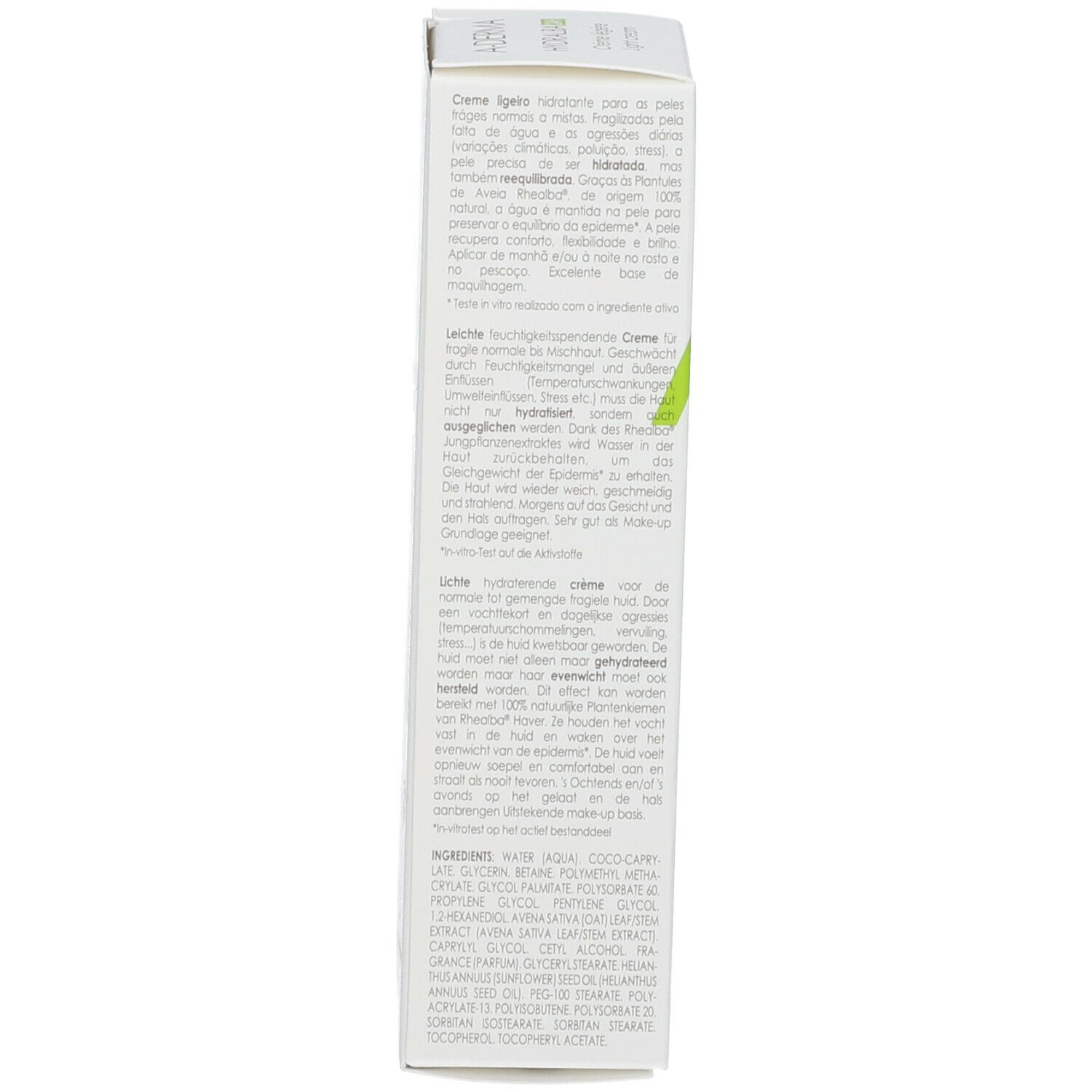 Côté de l'emballage avec texte multilingue. Ingrédients.
