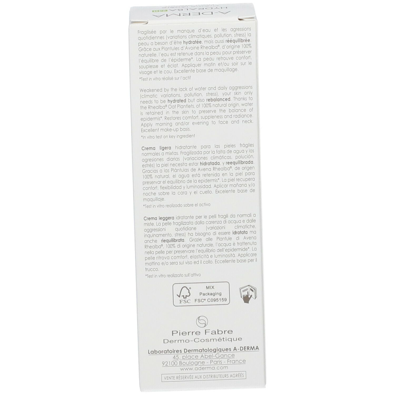 Côté de l'emballage avec texte multilingue. Logo FSC.