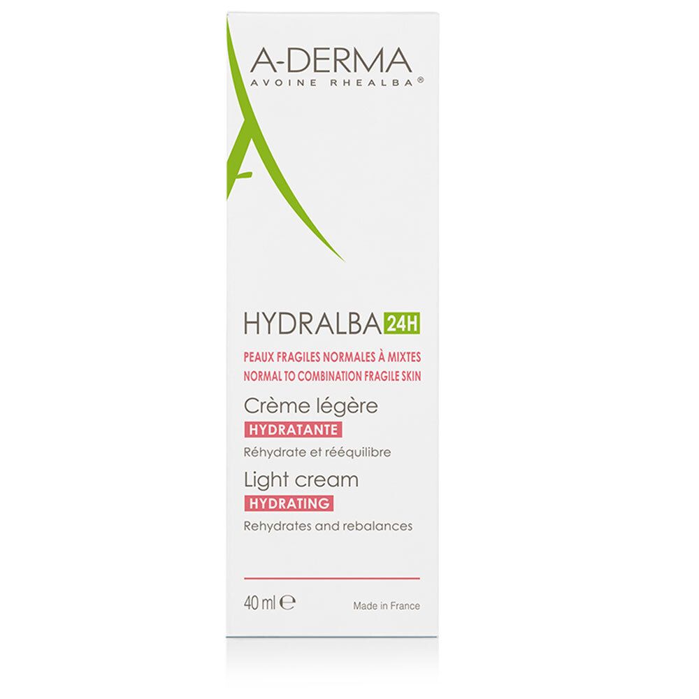 Emballage blanc A-Derma Hydralba 24H. Crème légère, light cream. Inscription 40 ml.