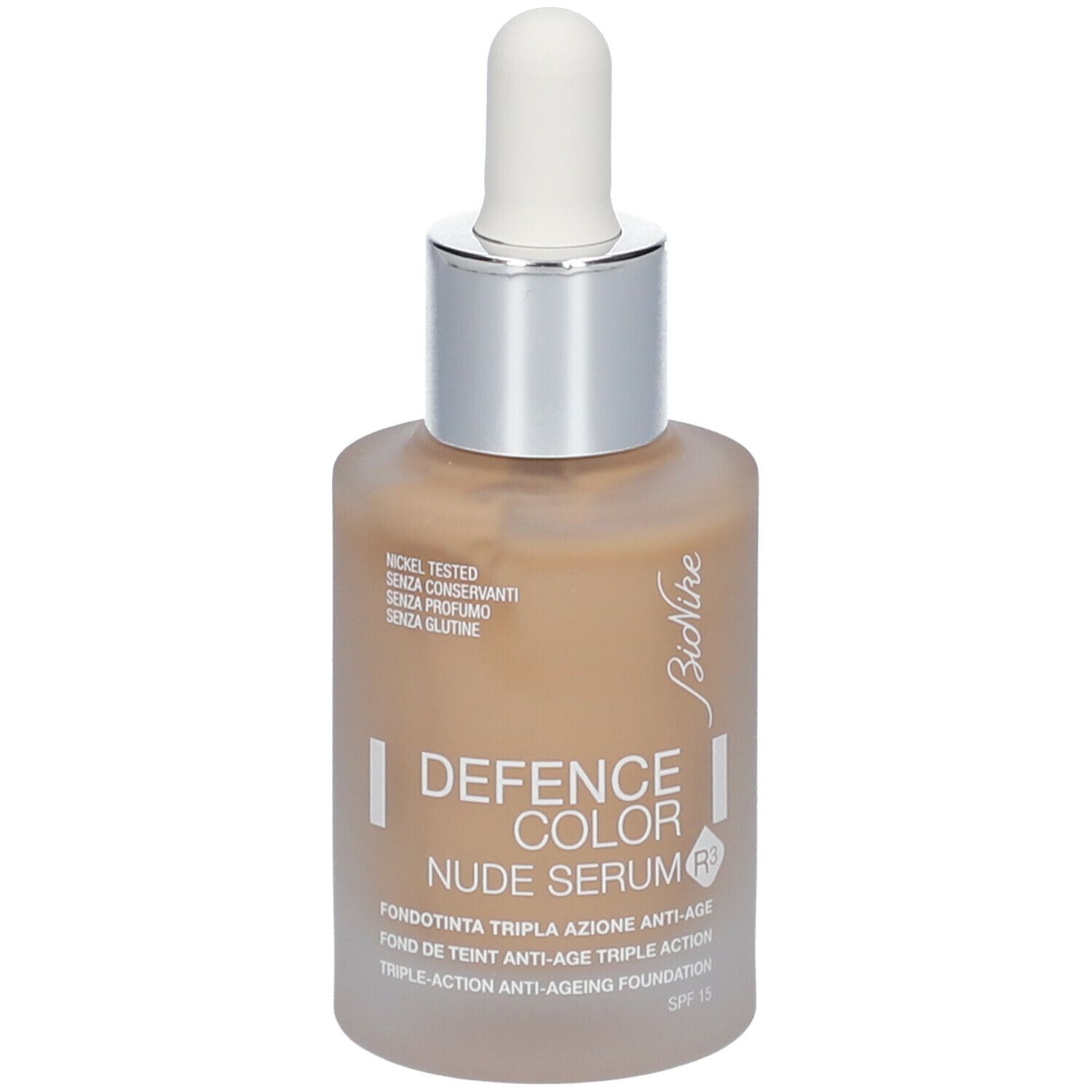 BioNike DEFENCE COLOR Nude Serum R3. Flasche mit Serum, helle Farbe. Mit Pipette. Aufschrift: Nickel Tested.