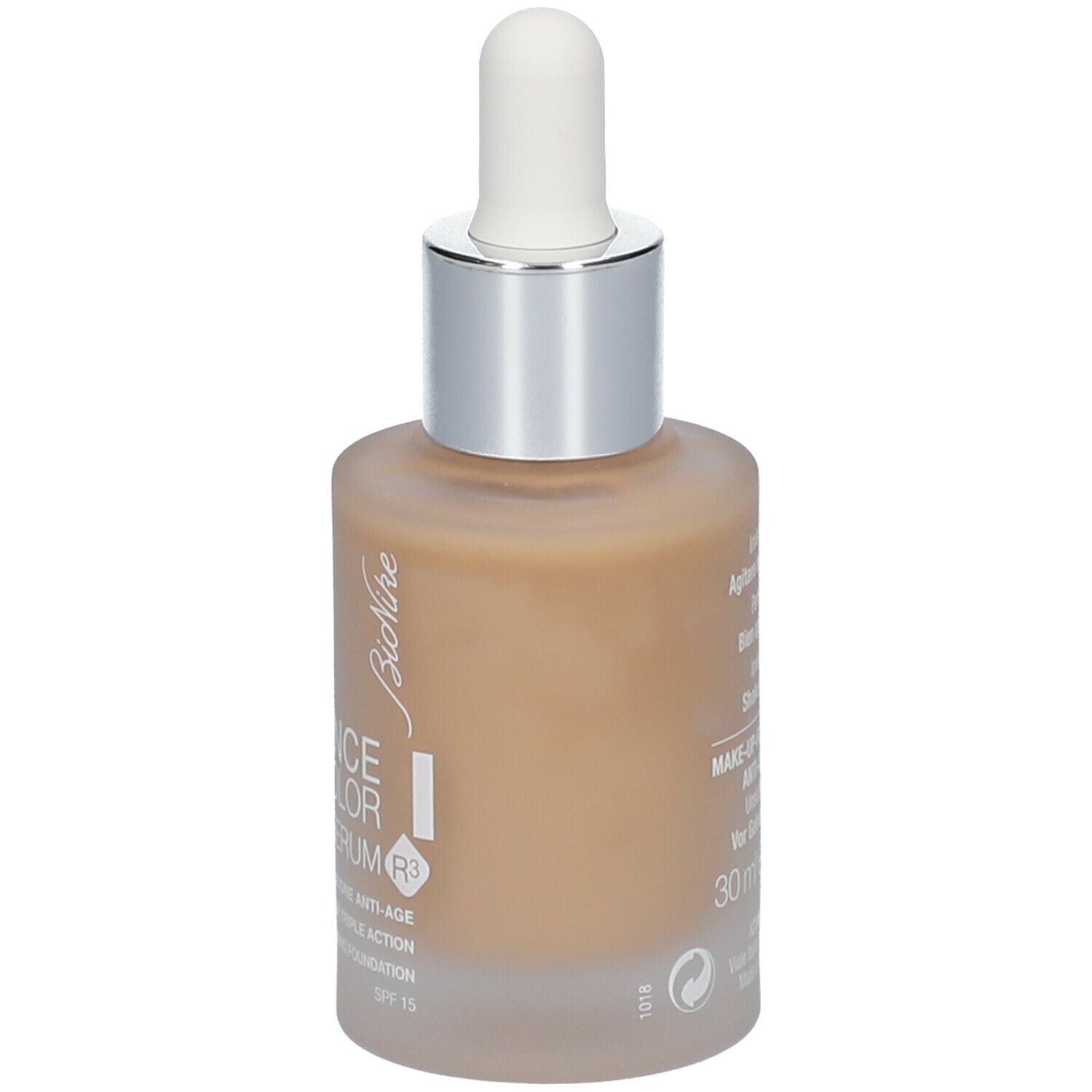 BioNike DEFENCE COLOR Nude Serum R3. Flasche mit Serum. Mit Pipette. Aufschrift: SPF 15. Anti-Aging.