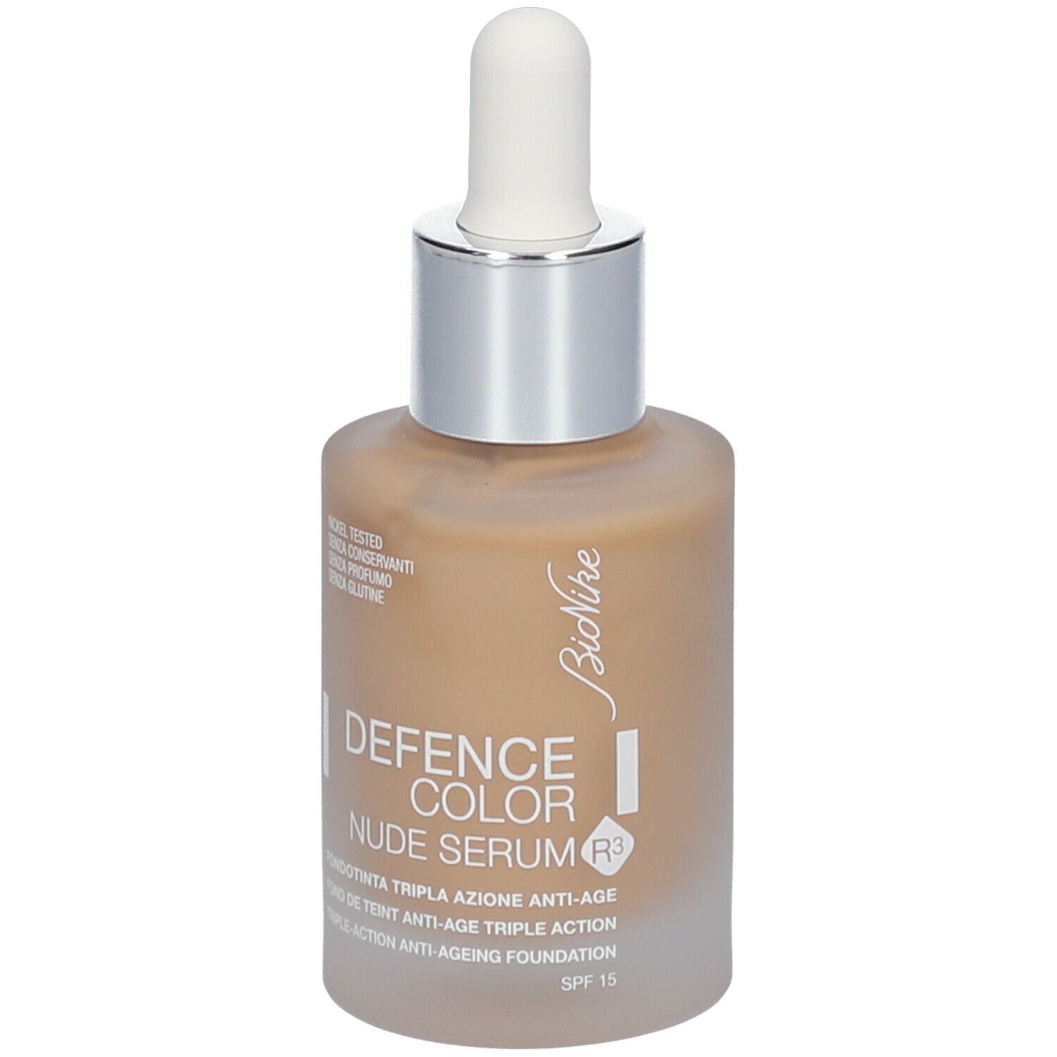 BioNike DEFENCE COLOR Nude Serum R3. Flasche mit Serum. Mit Pipette. Aufschrift: Nickel Tested, ohne Konservierungsstoffe.