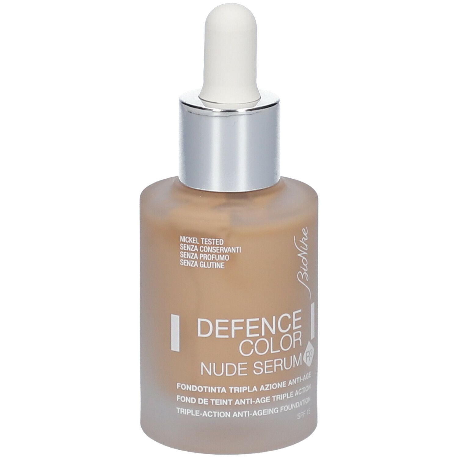 BioNike DEFENCE COLOR Nude Serum R3. Flasche mit Serum. Mit Pipette. Aufschrift: Nickel Tested, ohne Konservierungsstoffe, ohne Gluten.