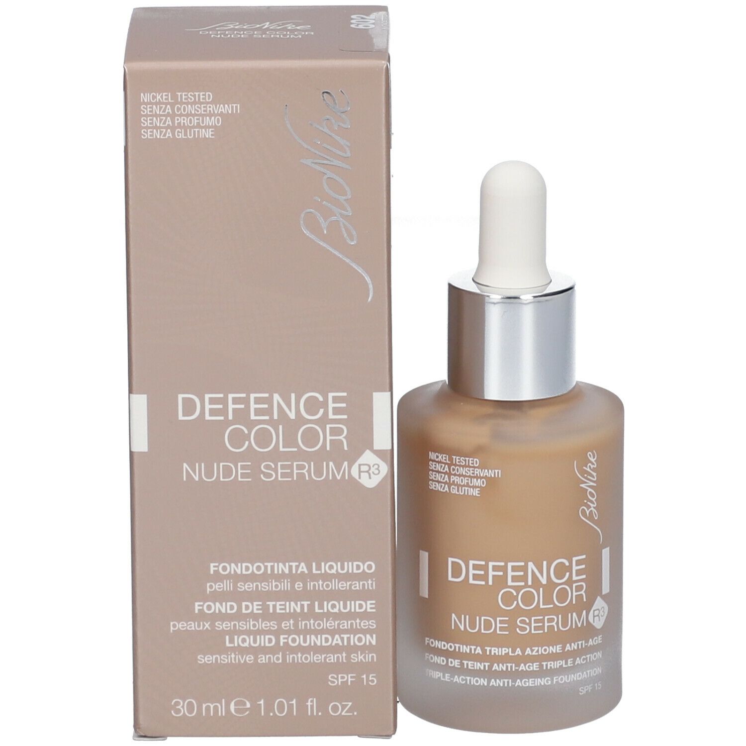 BioNike DEFENCE COLOR Nude Serum R3 und Verpackung. Flasche mit Serum und Pipette. Aufschrift: 30 ml, SPF 15.
